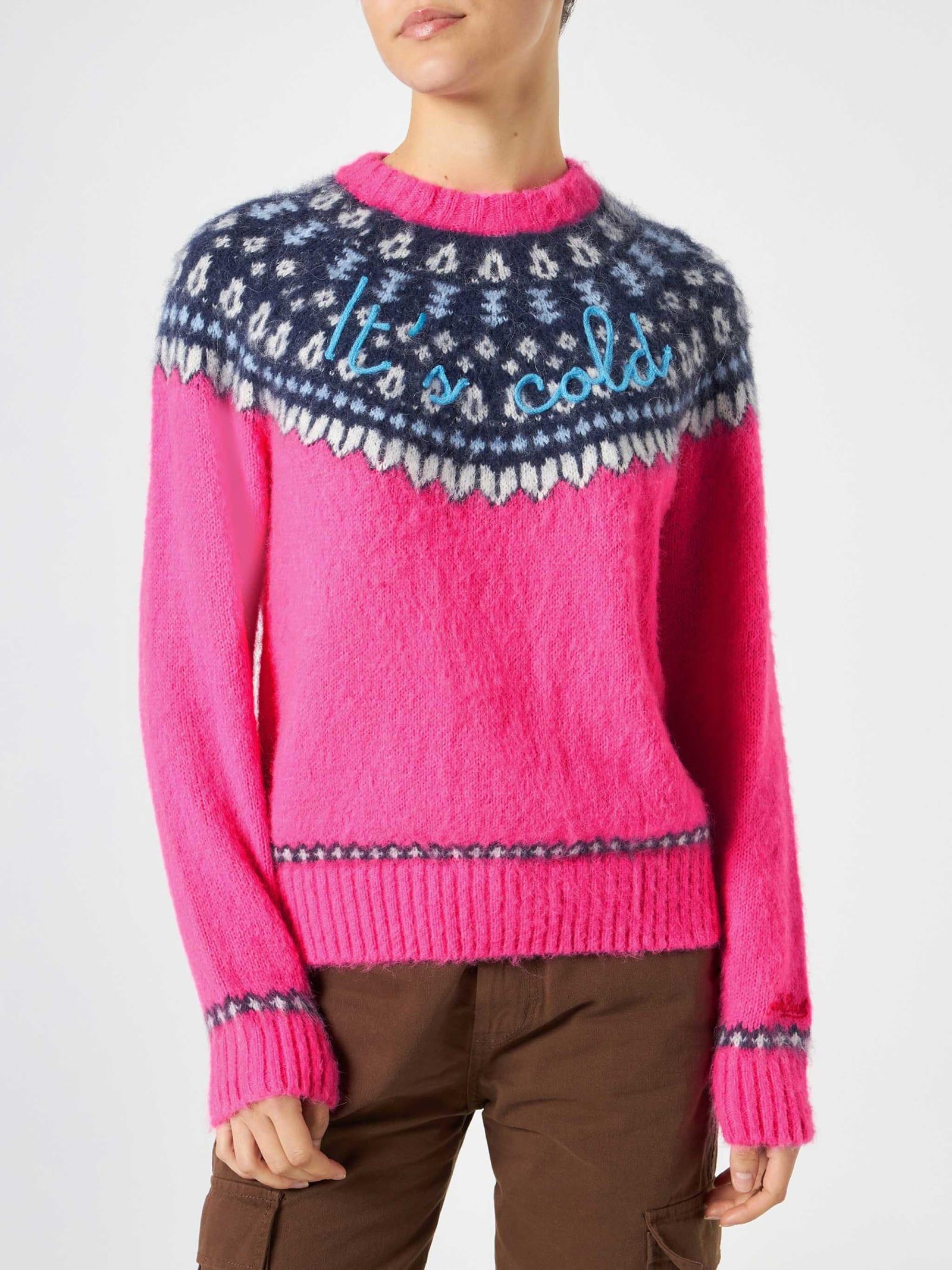 mc2 saint barth woman fluo pink crewneck nordic jacquard sweater