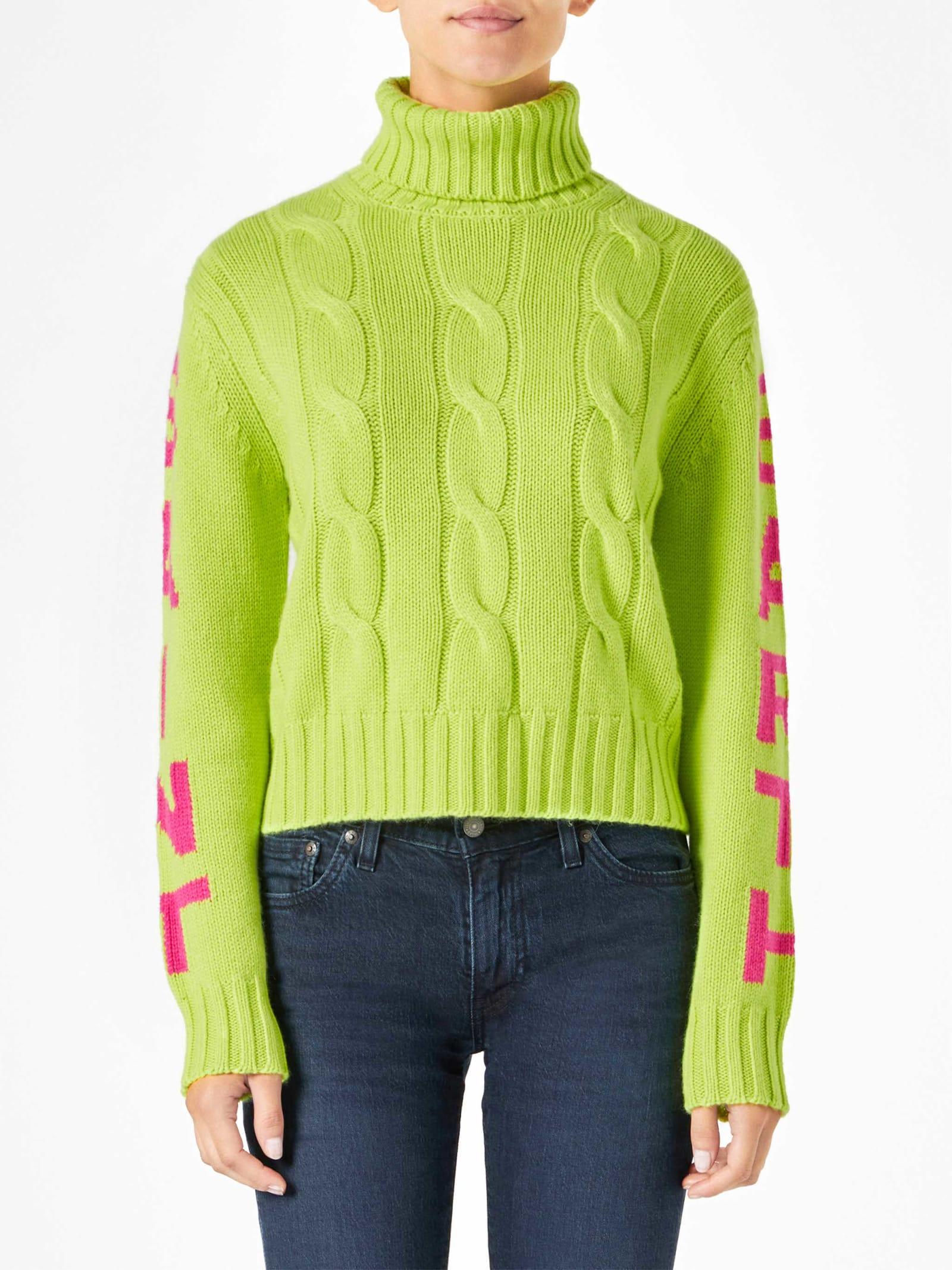 mc2 saint barth woman fluo yellow turtleneck braided sweater
