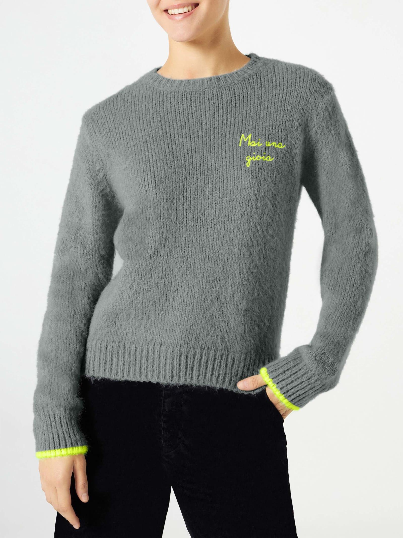 mc2 saint barth woman grey brushed sweater with mai una gioia embroidery