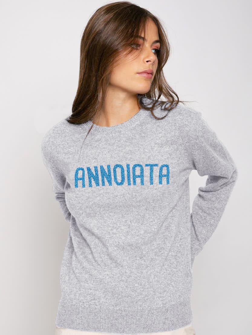 mc2 saint barth woman grey sweater with annoiata lurex writing