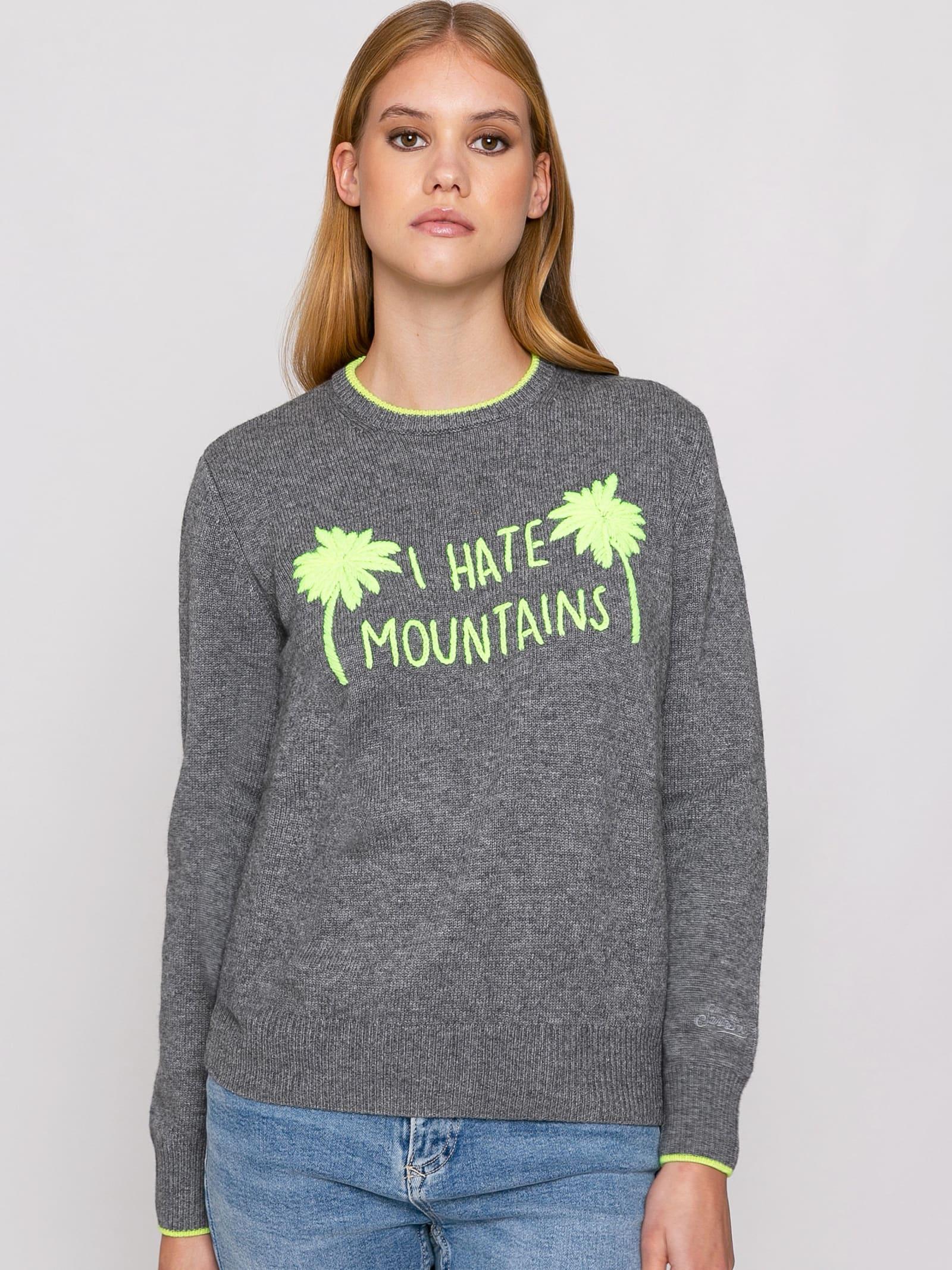 mc2 saint barth woman grey sweater yellow fluo i hate mountains embroidery