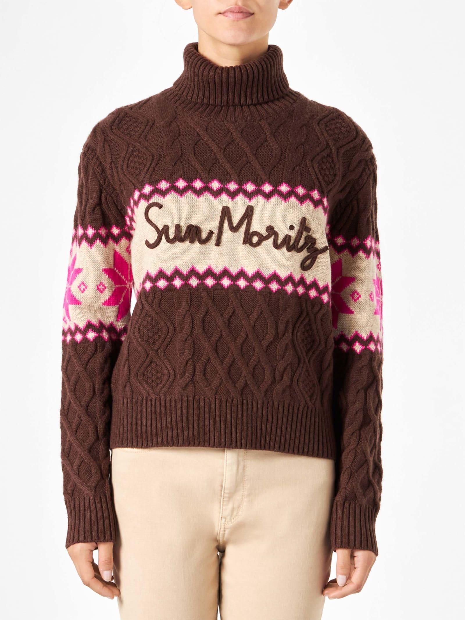 mc2 saint barth woman half-turtleneck sweater with sun moritz lettering
