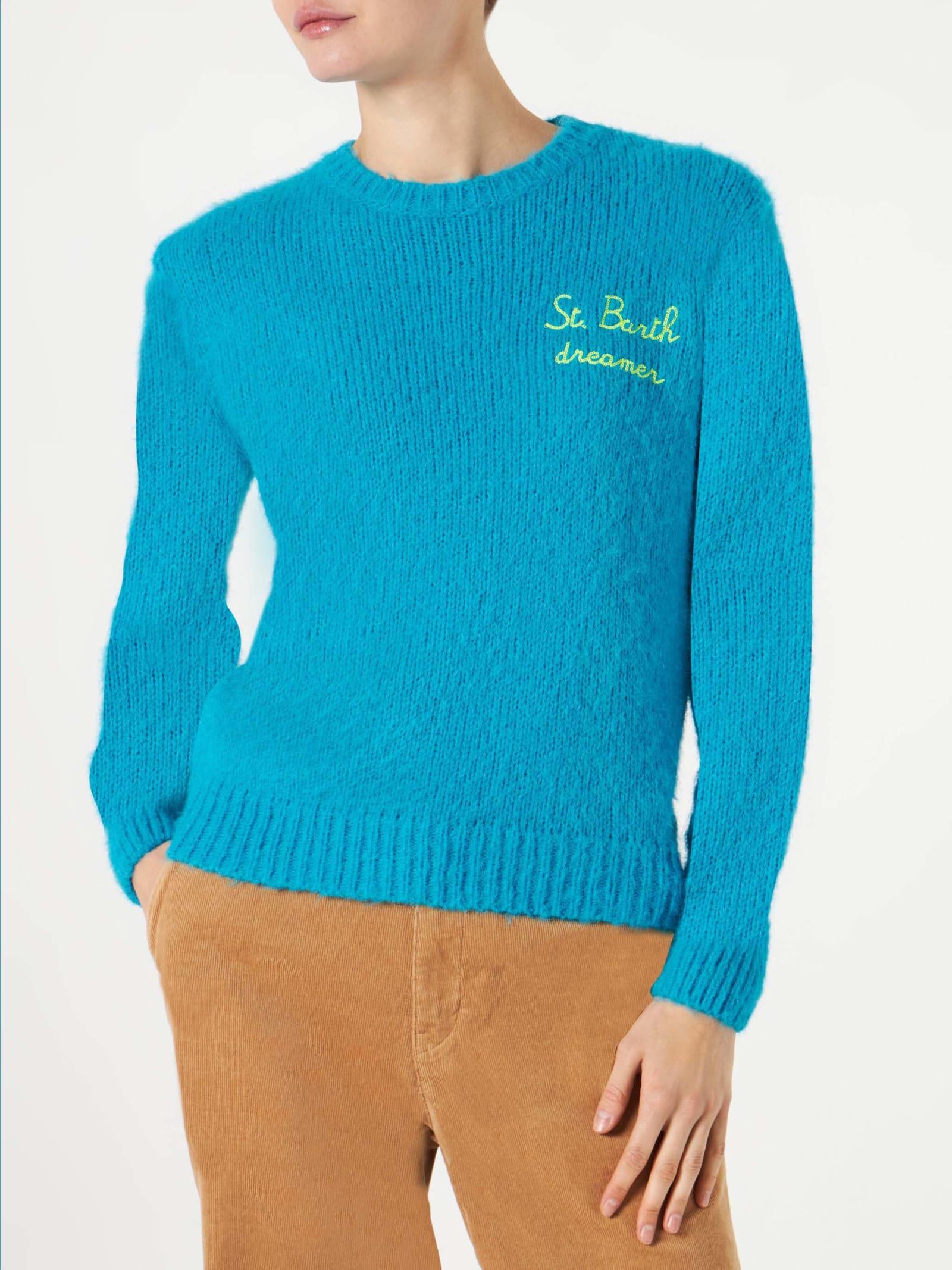 mc2 saint barth woman light blue brushed sweater with embroidery