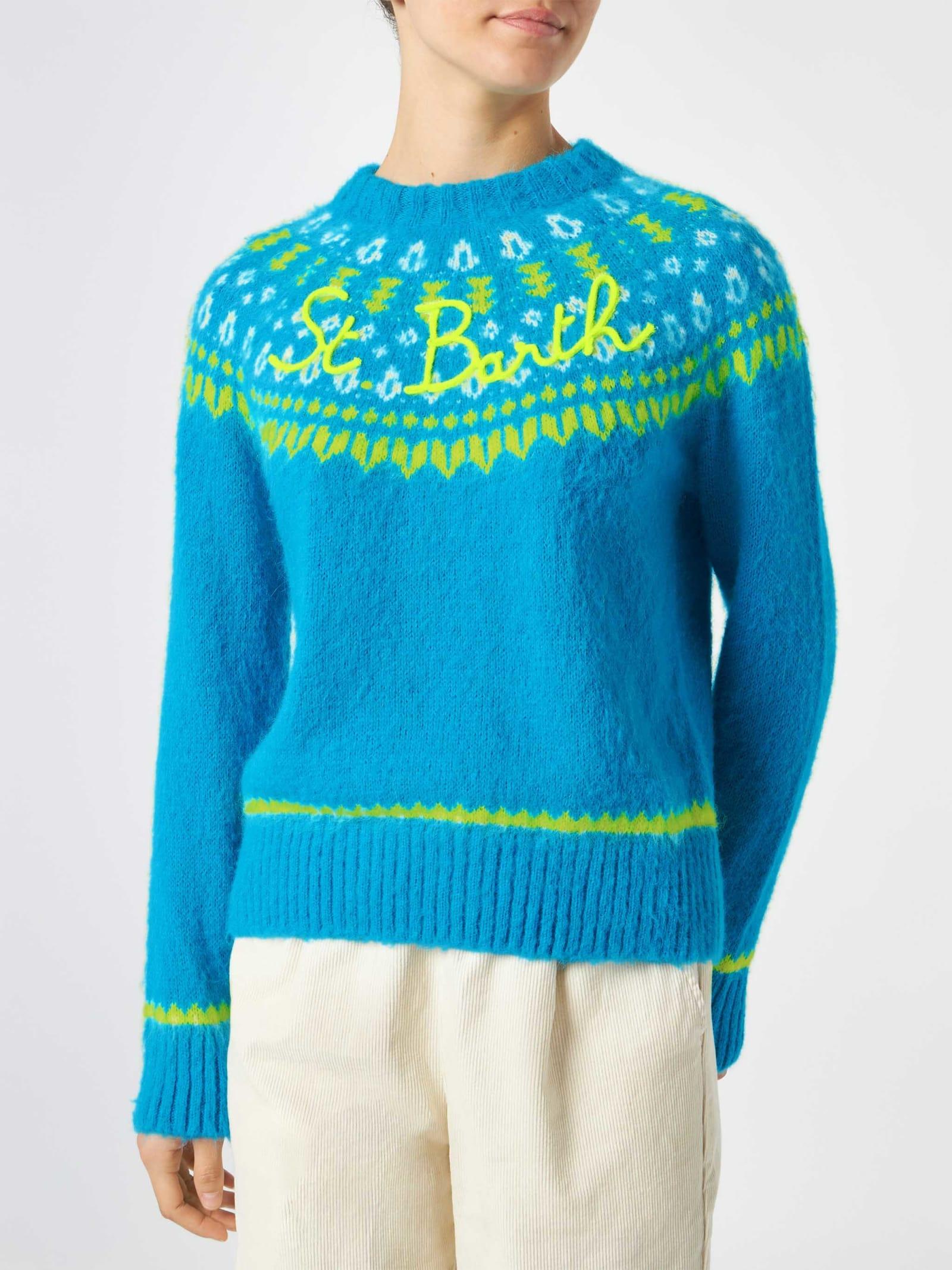 mc2 saint barth woman light blue crewneck nordic jacquard sweater