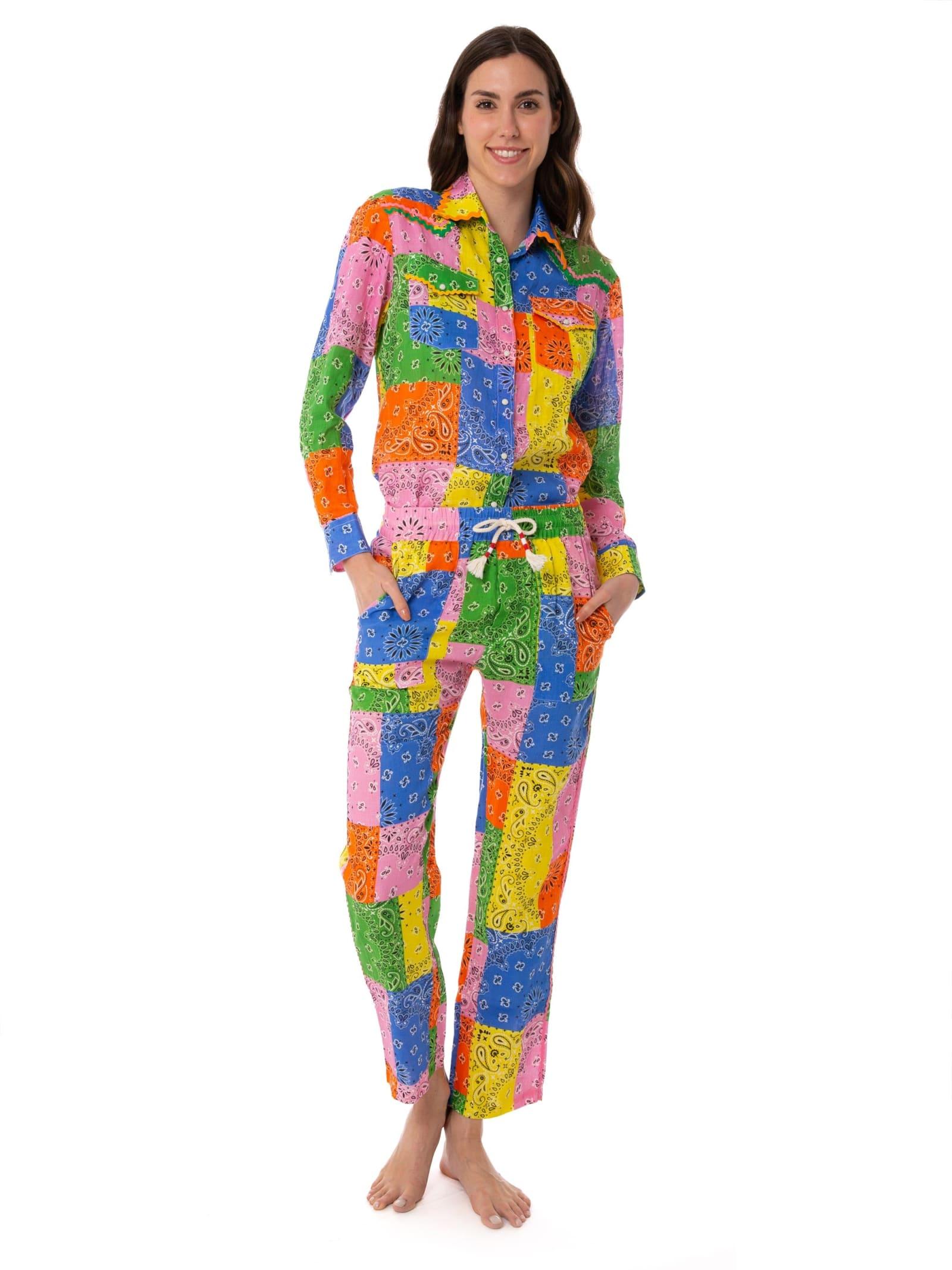 mc2 saint barth woman linen pants with multicolor bandanna print