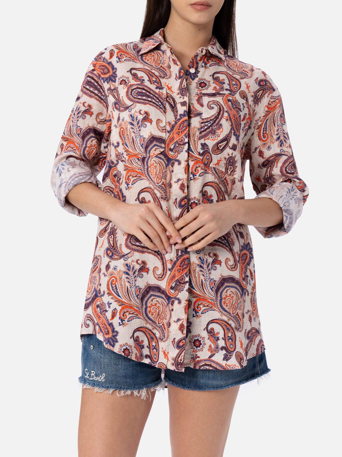 mc2 saint barth woman linen shirt alodie with paisley print and pockets