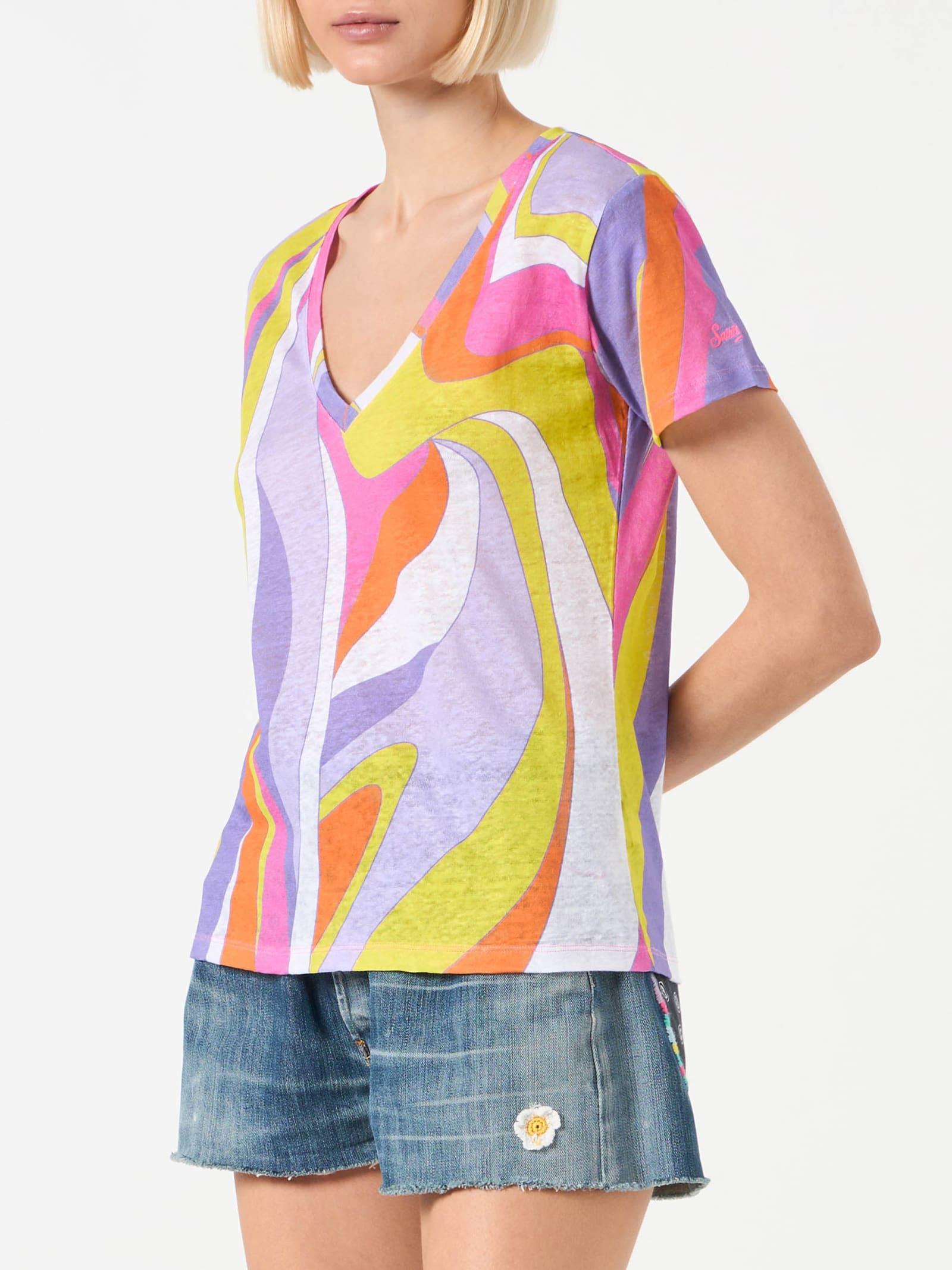 mc2 saint barth woman linen t-shirt with wave print
