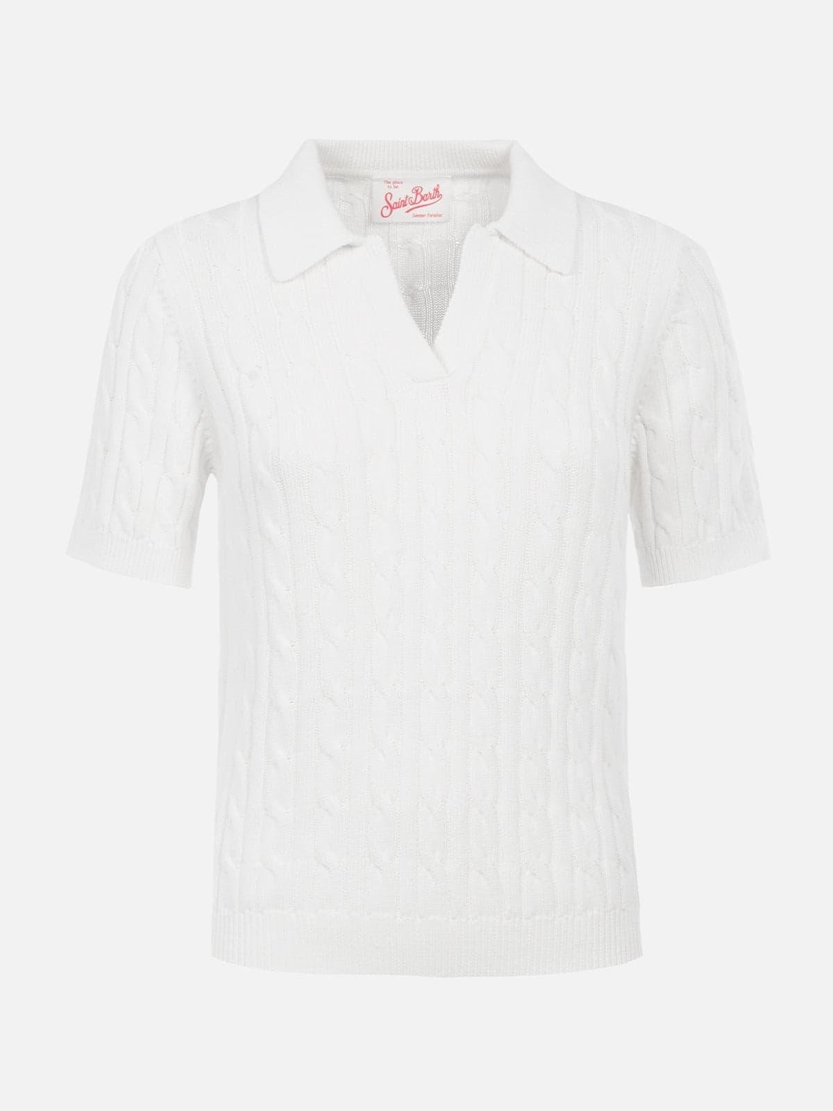 mc2 saint barth woman off-white cable knit-polo shirt caddy