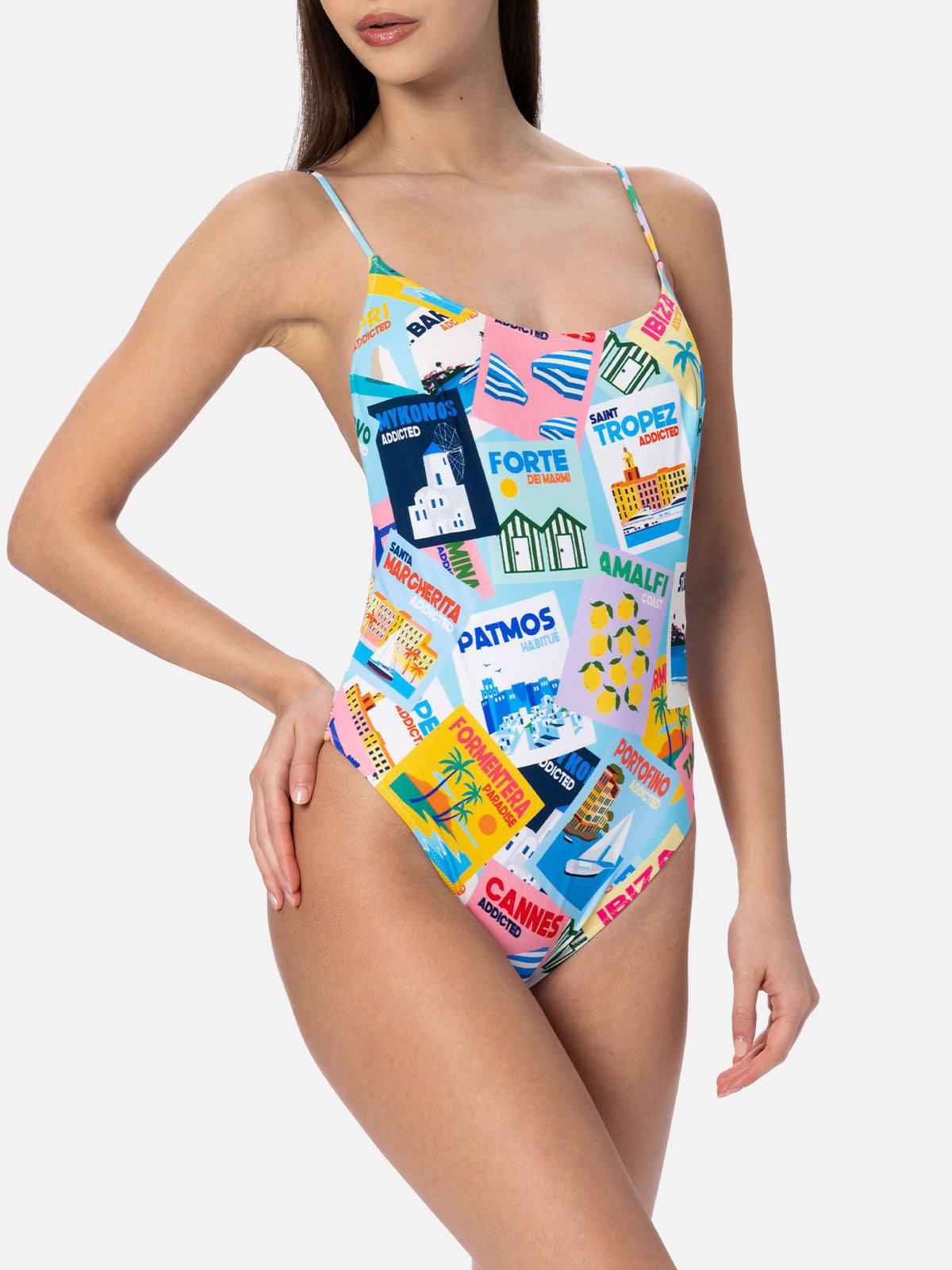 mc2 saint barth woman one-piece swimsuit cecille with postcards print