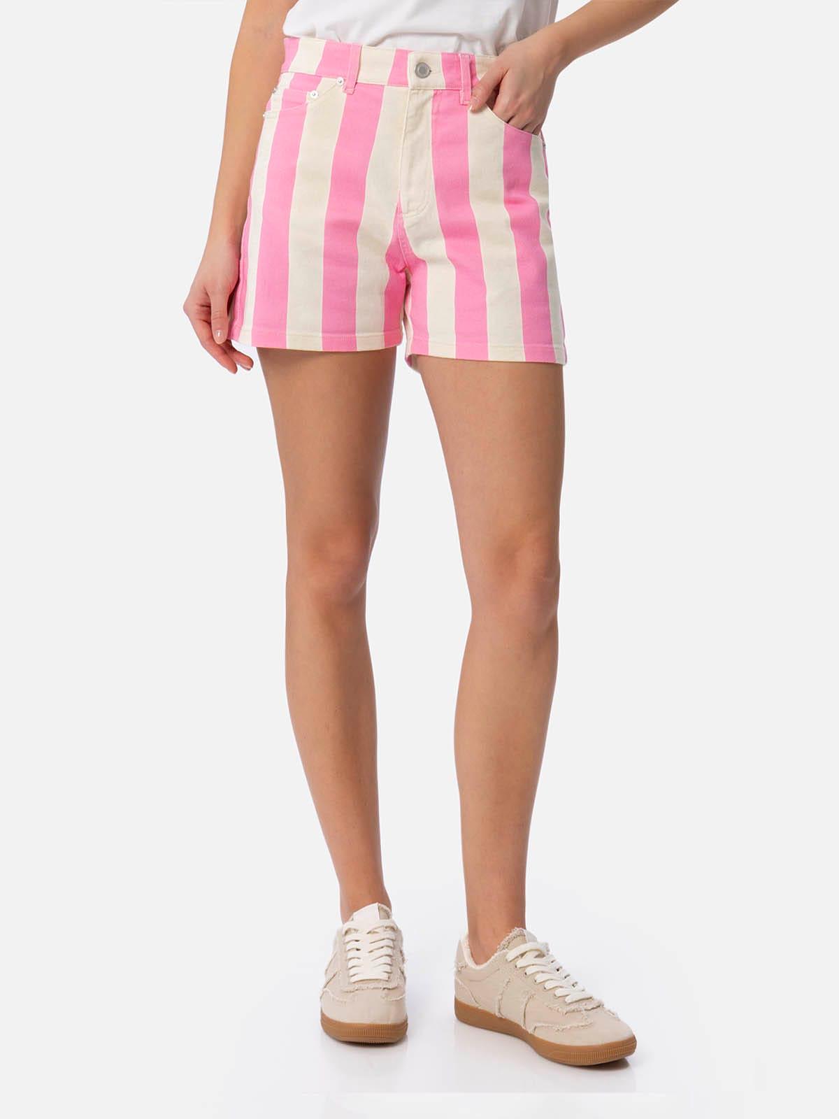 mc2 saint barth woman pink striped print denim bermuda cancun