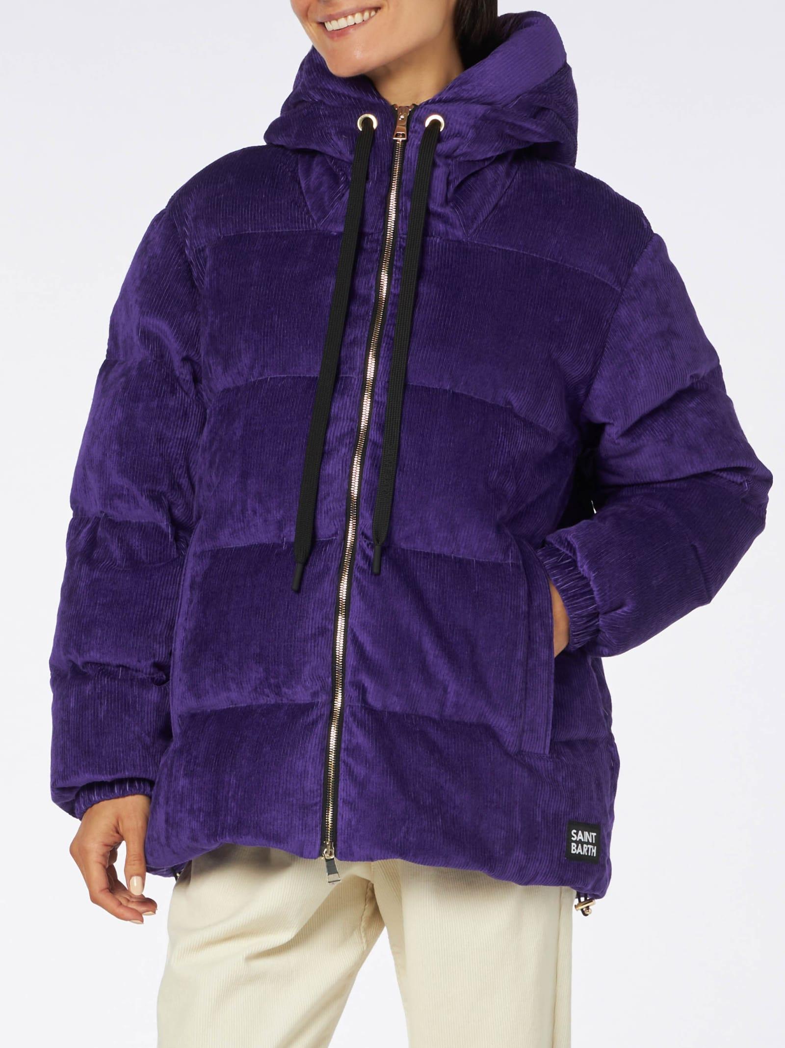 mc2 saint barth woman purple corduroy down padded jacket with hoodie