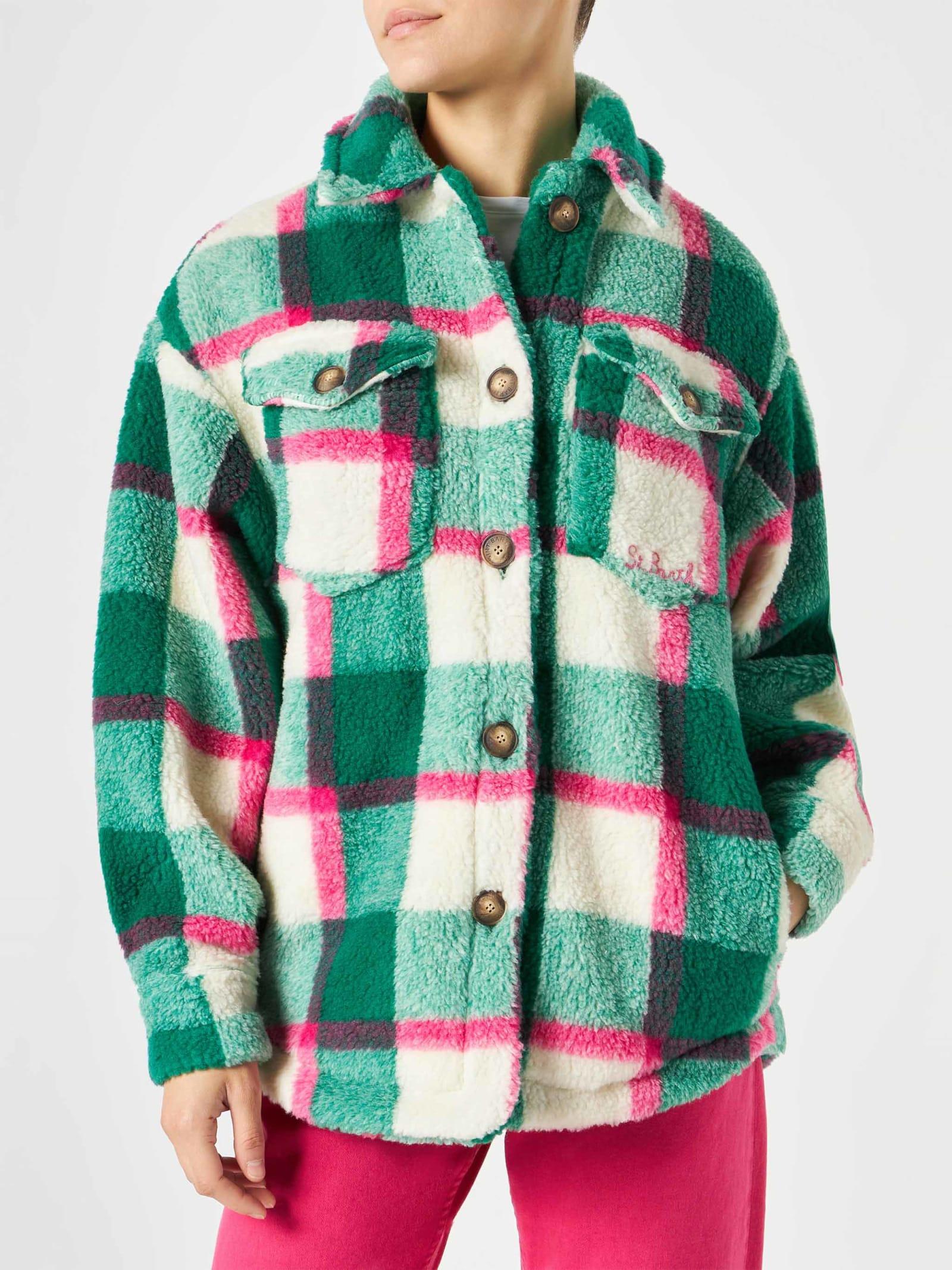 mc2 saint barth woman sherpa overshirt with tartan pattern