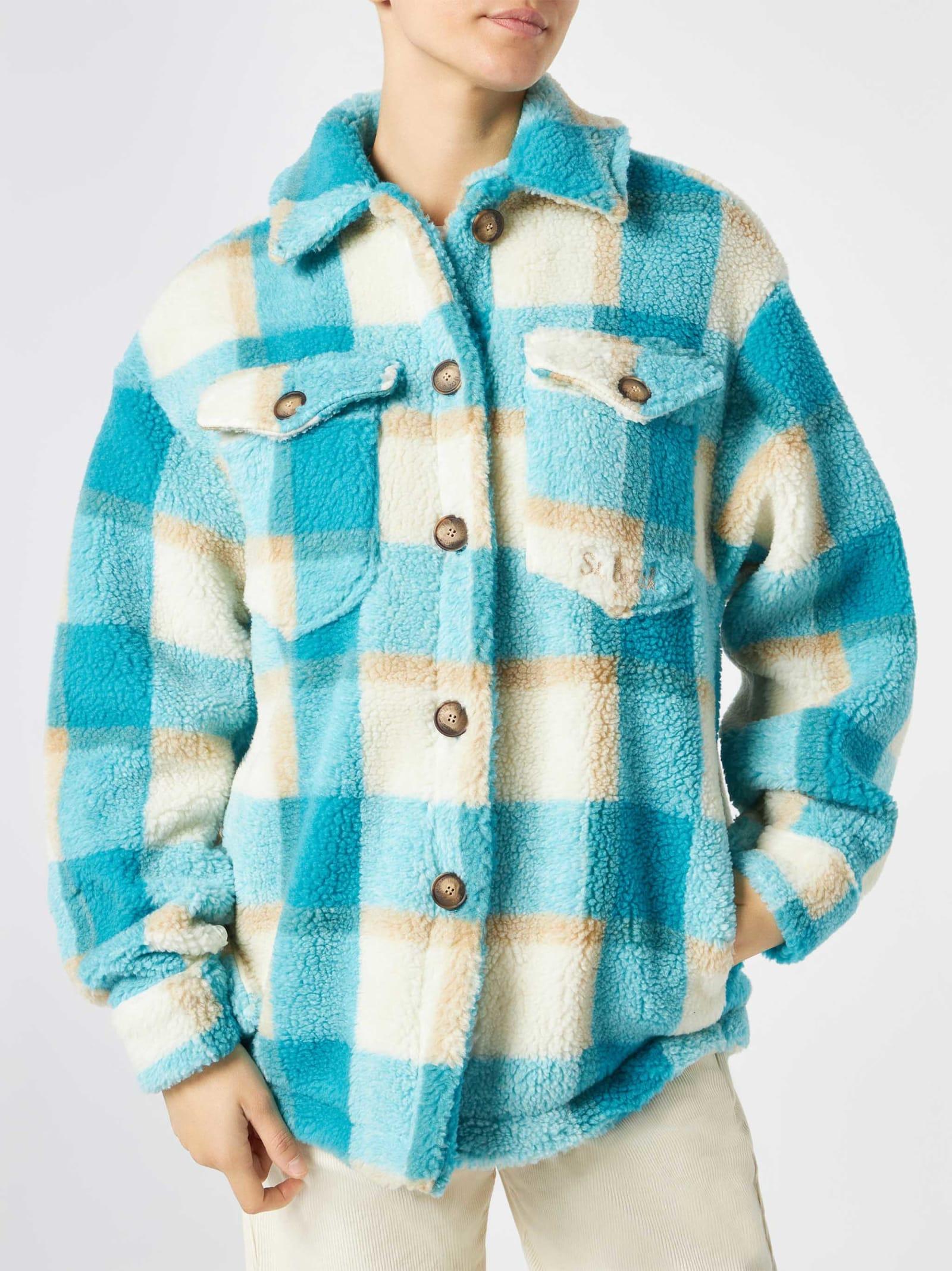 mc2 saint barth woman sherpa overshirt with tartan pattern