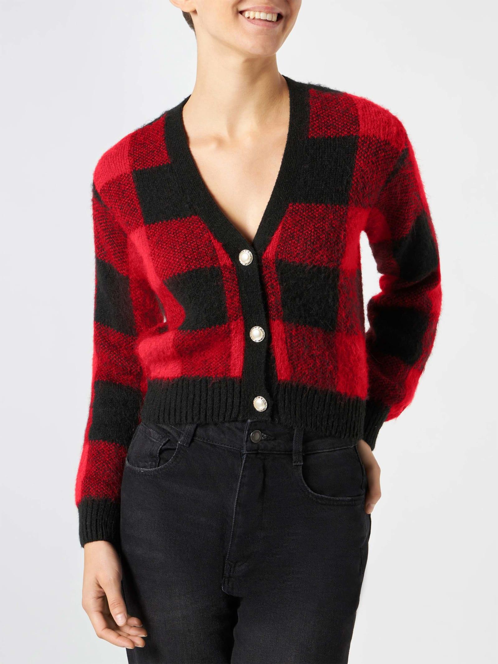 mc2 saint barth woman short cardigan with jewel buttons and tartan print