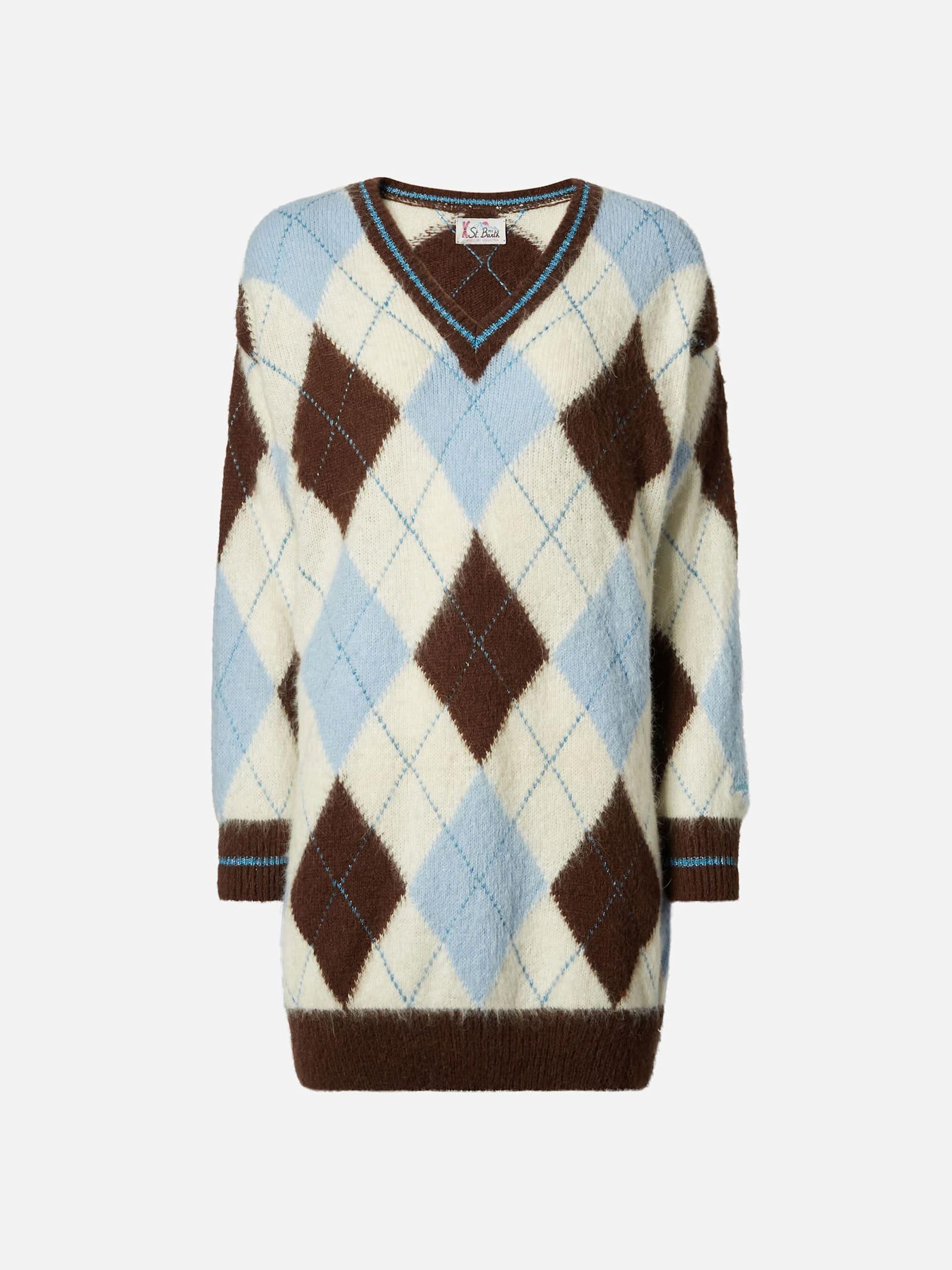 mc2 saint barth woman ultra soft knit dress with argyle jacquard