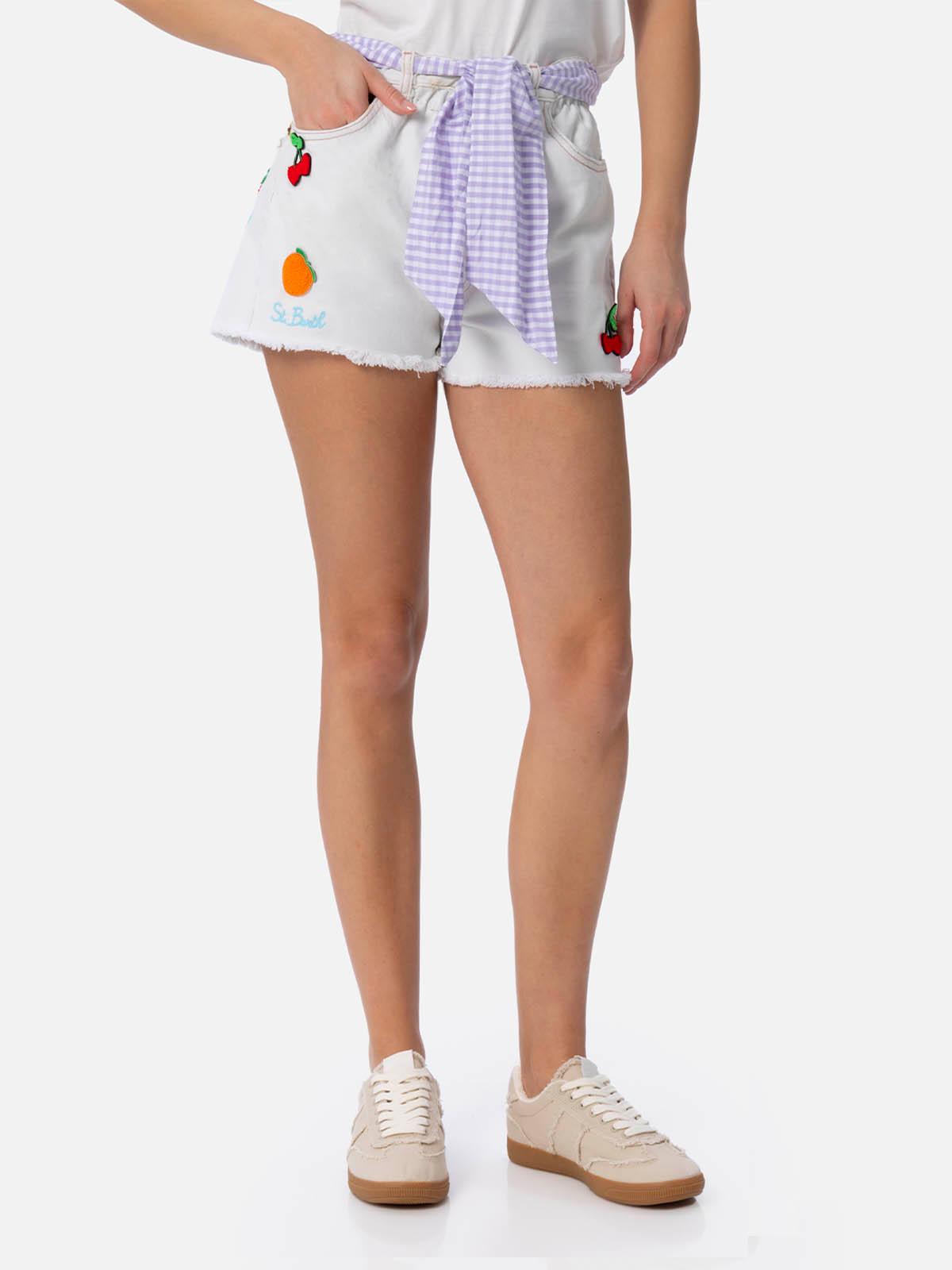 mc2 saint barth woman upcycled denim shorts arizona with patches