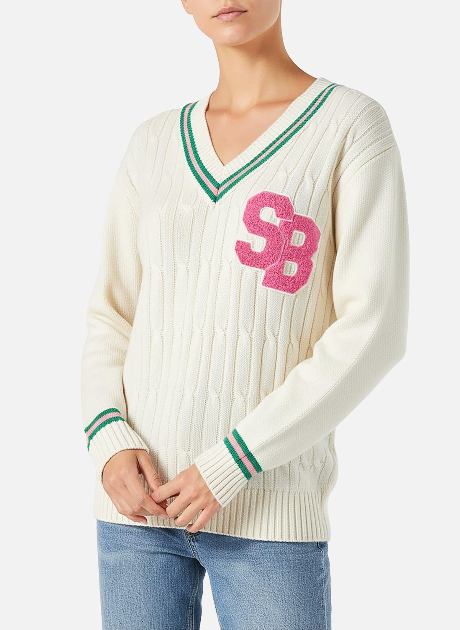 mc2 saint barth woman v-neck braided sweater with patch
