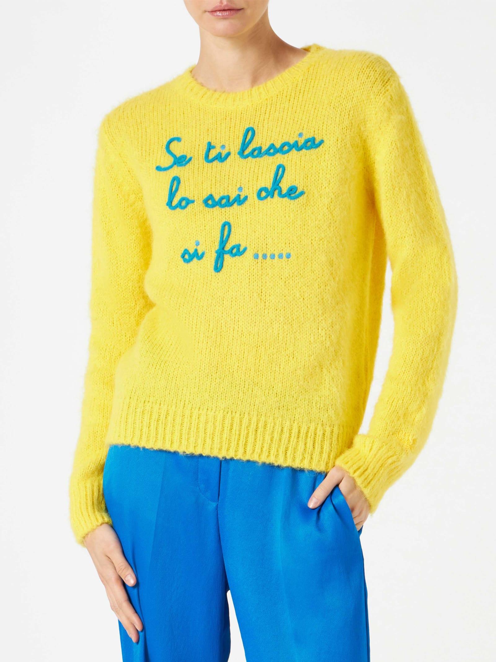 mc2 saint barth woman yellow brushed sweater with embroidery