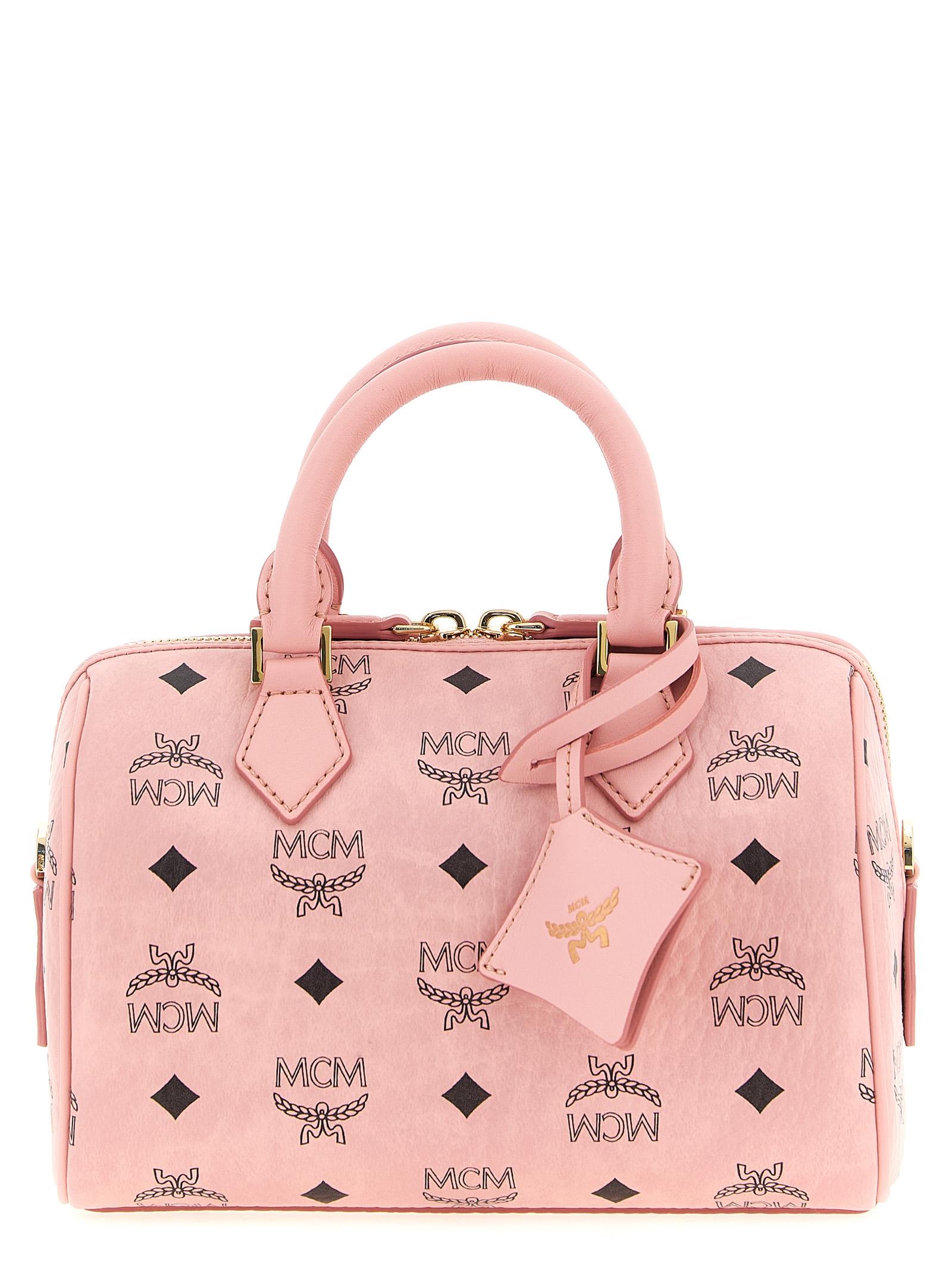 mcm ella boston handbag pink polyurethane polyester cotton hand bags - women