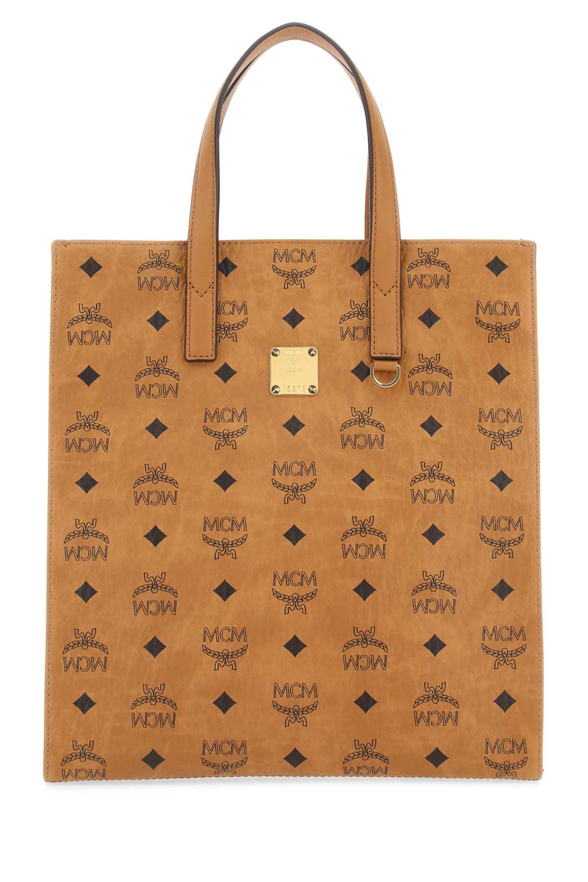 mcm printed canvas small aren shopping bag