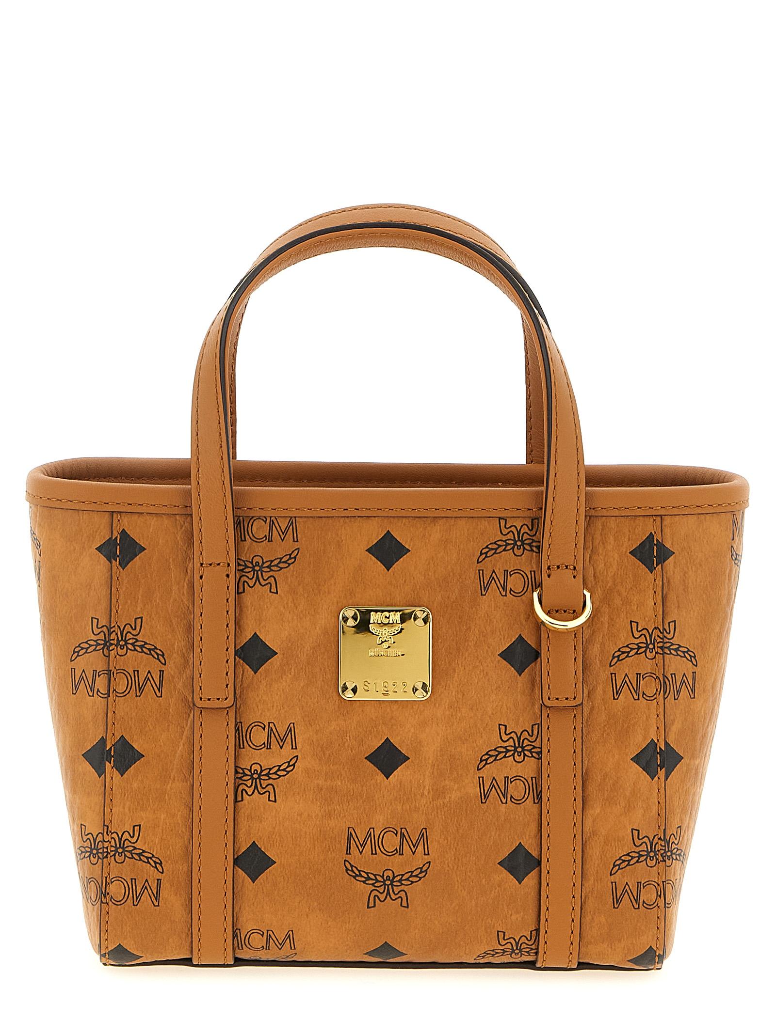 mcm toni x-mini shopping bag brown polyurethane polyester cotton tote - women