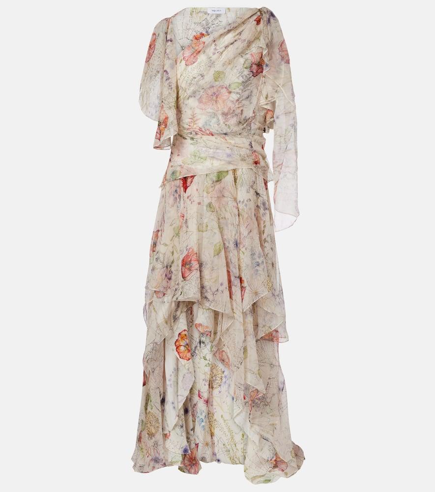 mcqueen floral asymmetric silk chiffon gown