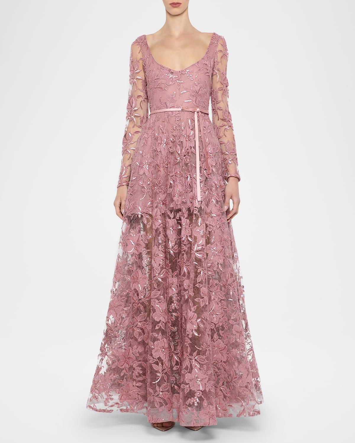 meadow floral embroidered long-sleeve gown