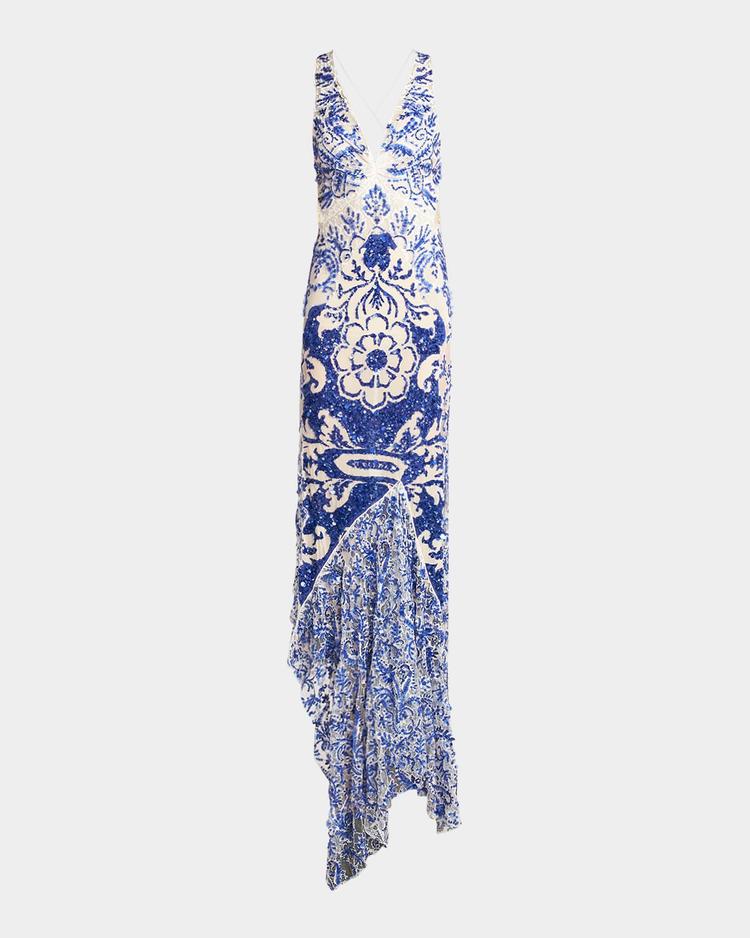 medallion paisley sequined flounce gown