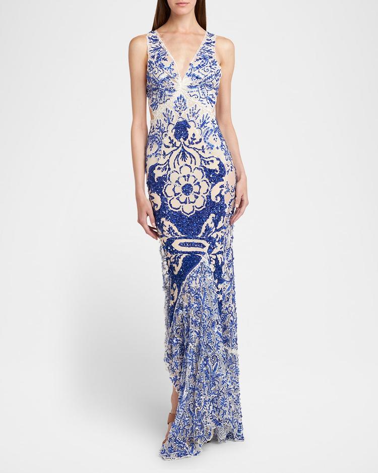 medallion paisley sequined flounce gown