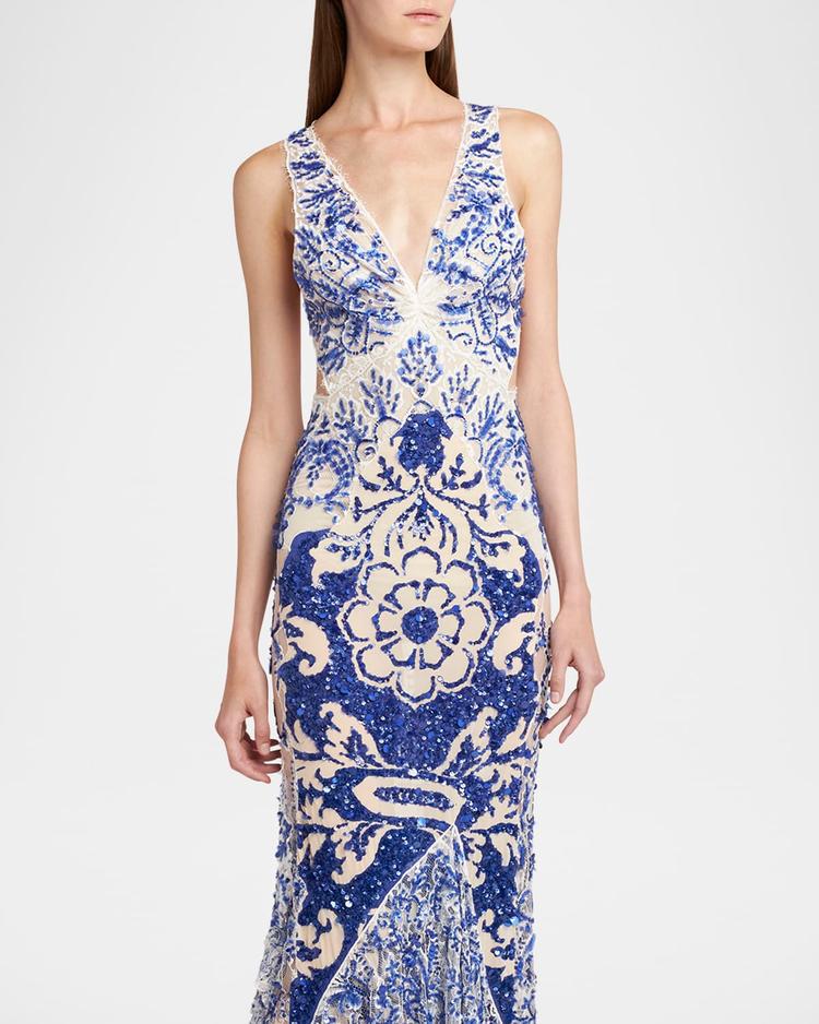 medallion paisley sequined flounce gown