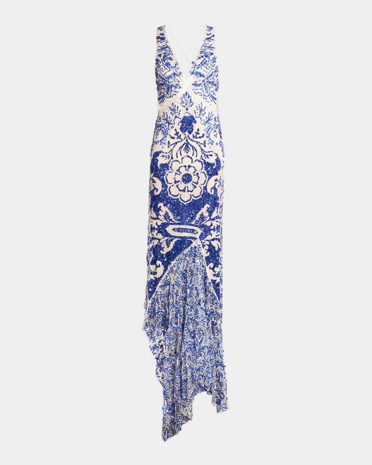 medallion paisley sequined flounce gown
