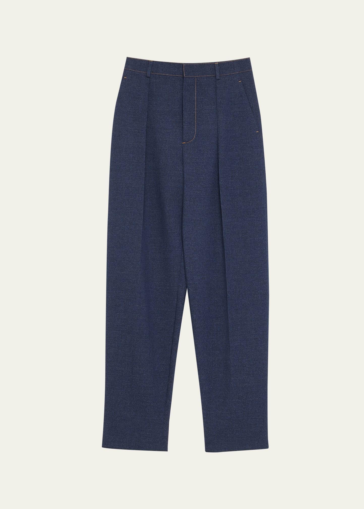 melange wool drill pleated tapered-leg trousers