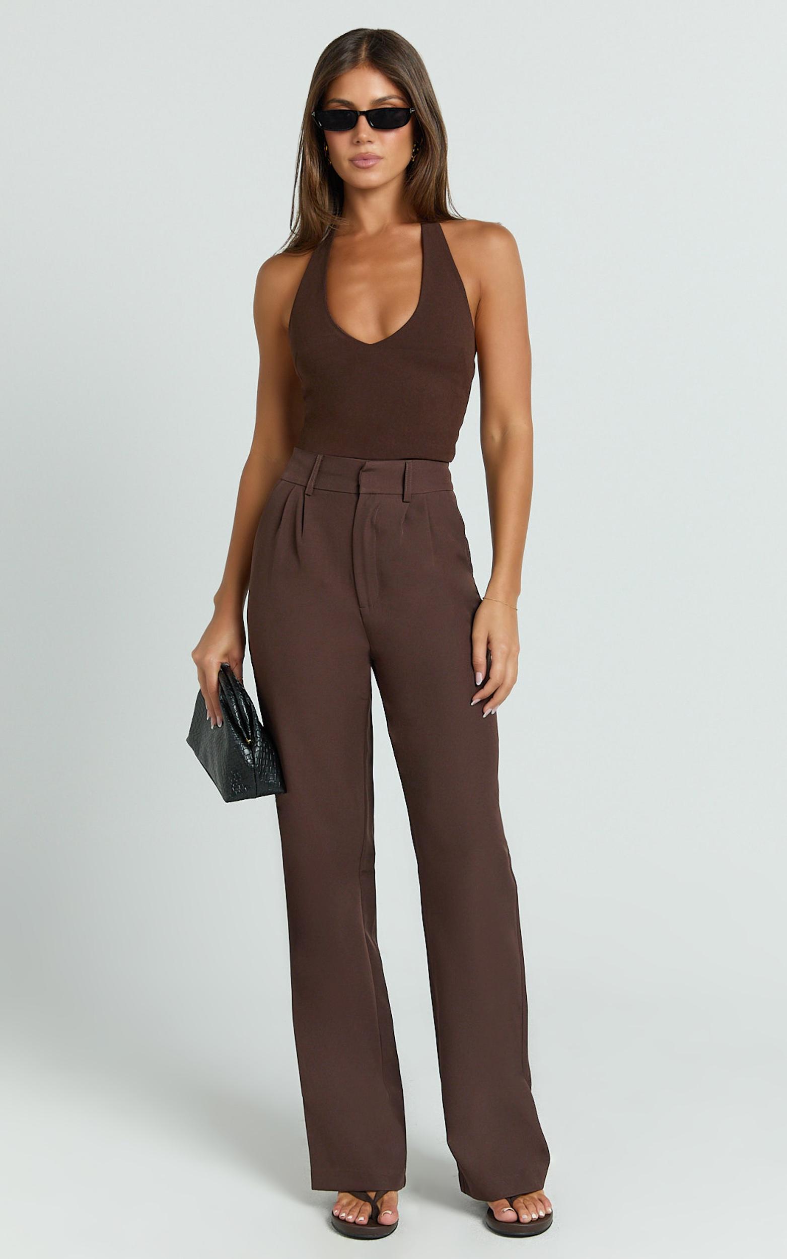 melissa pants - pleat front wide leg tailored pants in chocolate