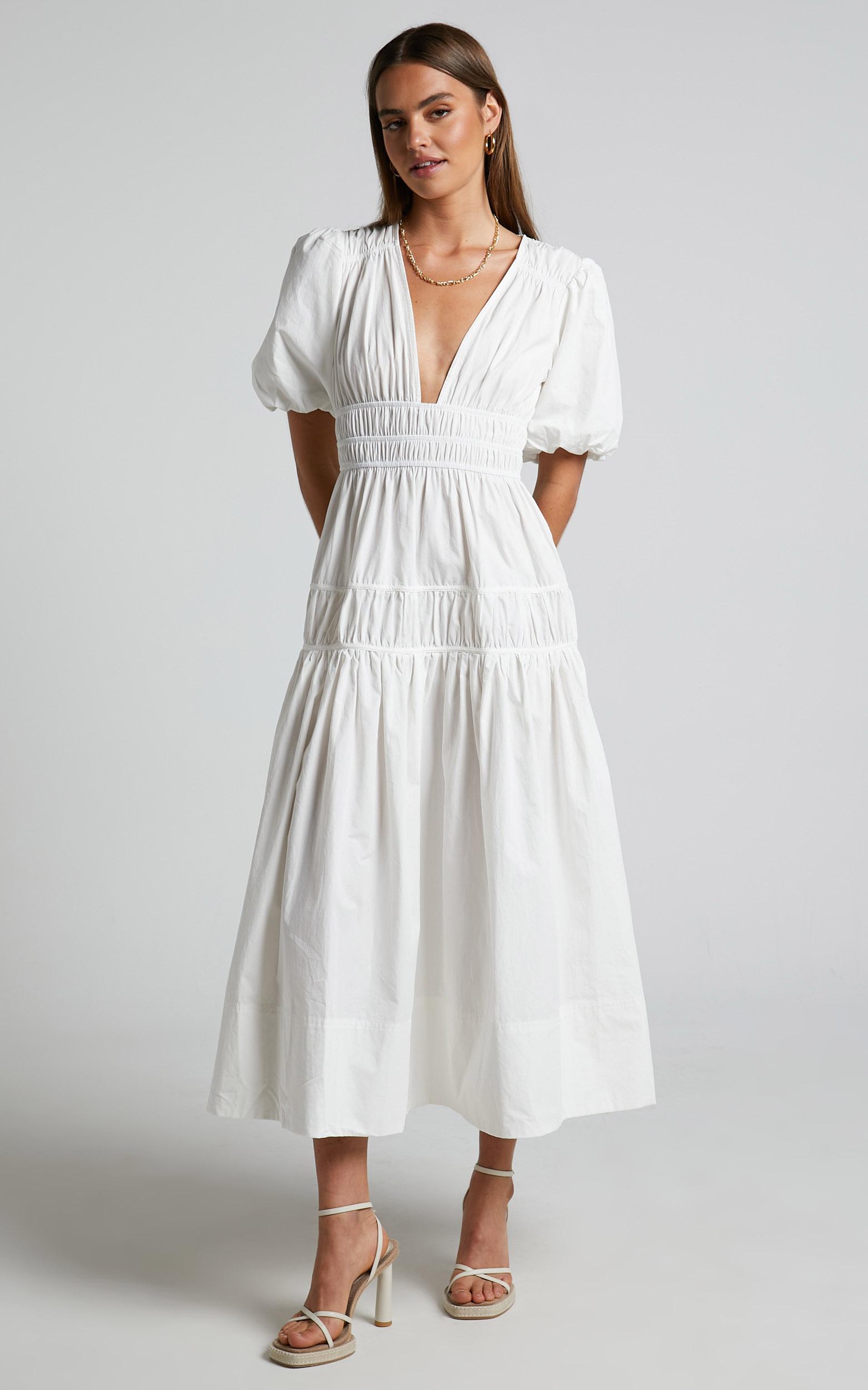 mellie midi dress - puff sleeve plunge tiered dress in white