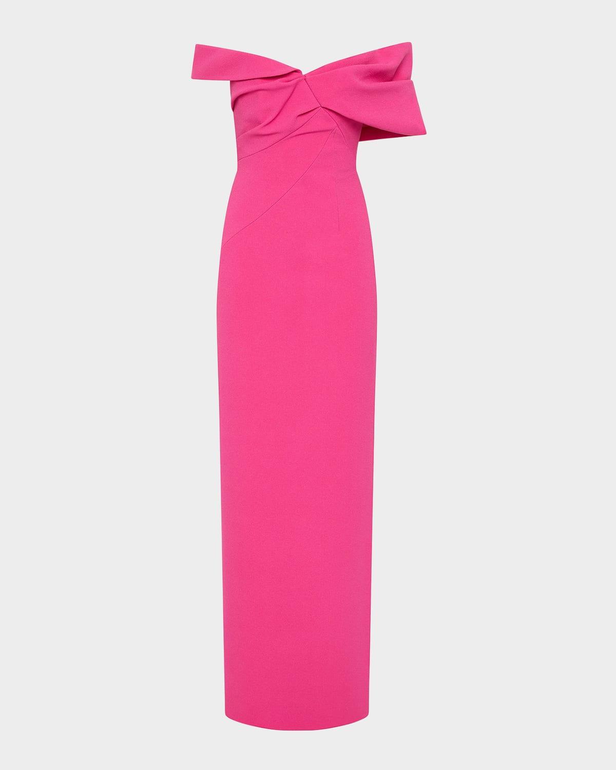 melody draped off-the-shoulder column gown