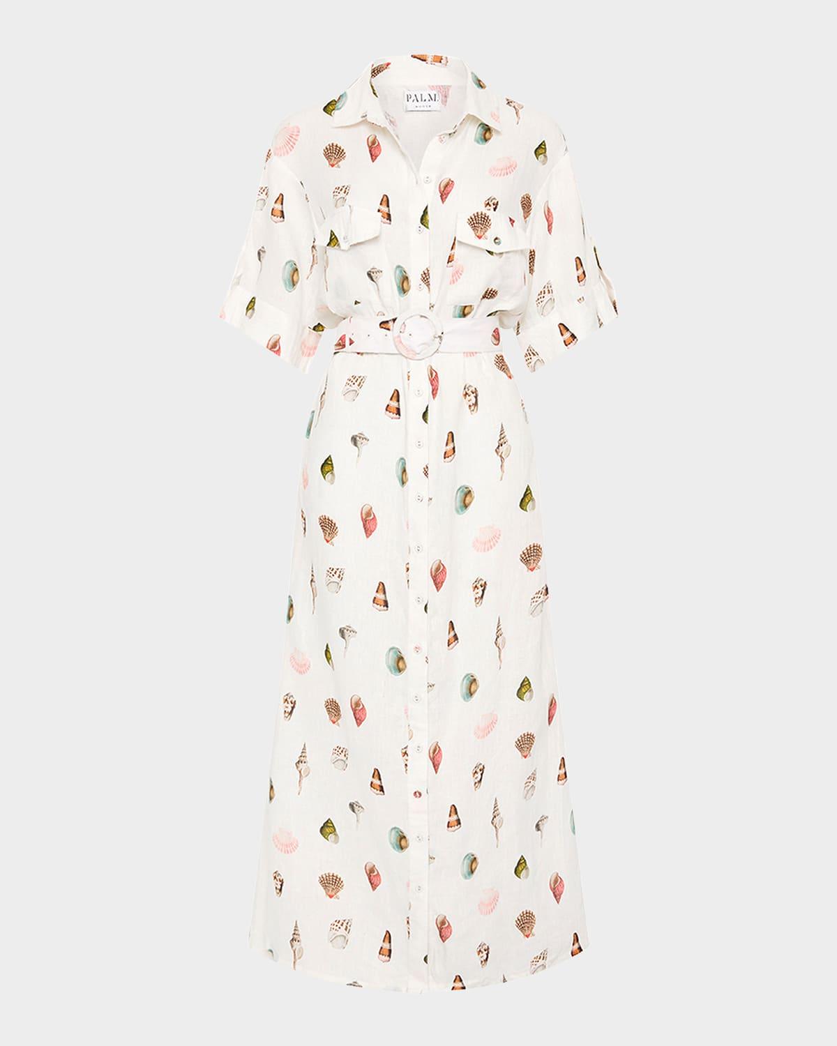 memento seashell-print linen maxi shirtdress