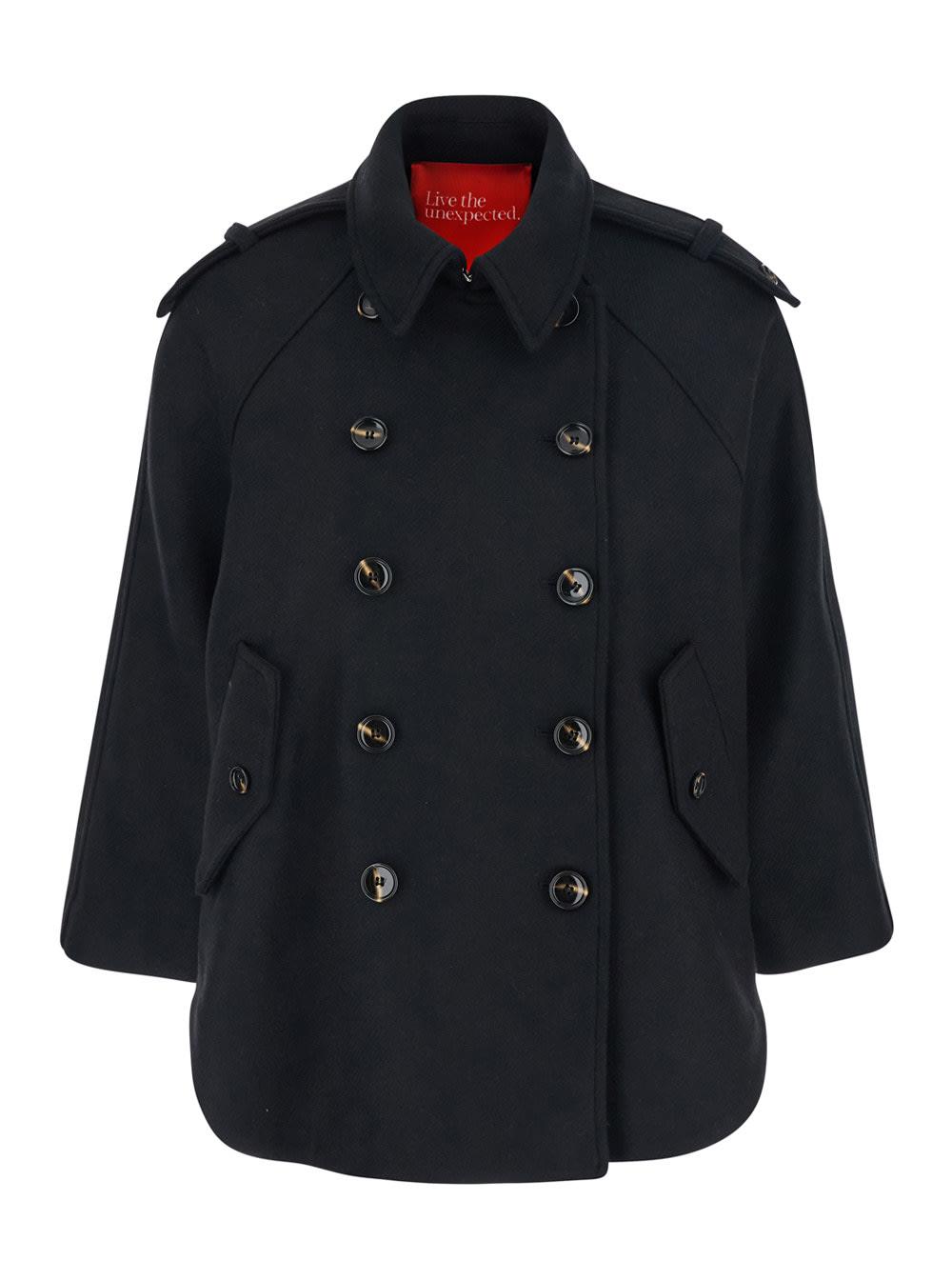 merci black double-breasted jacket with epaulets and classic collar in wool blend woman