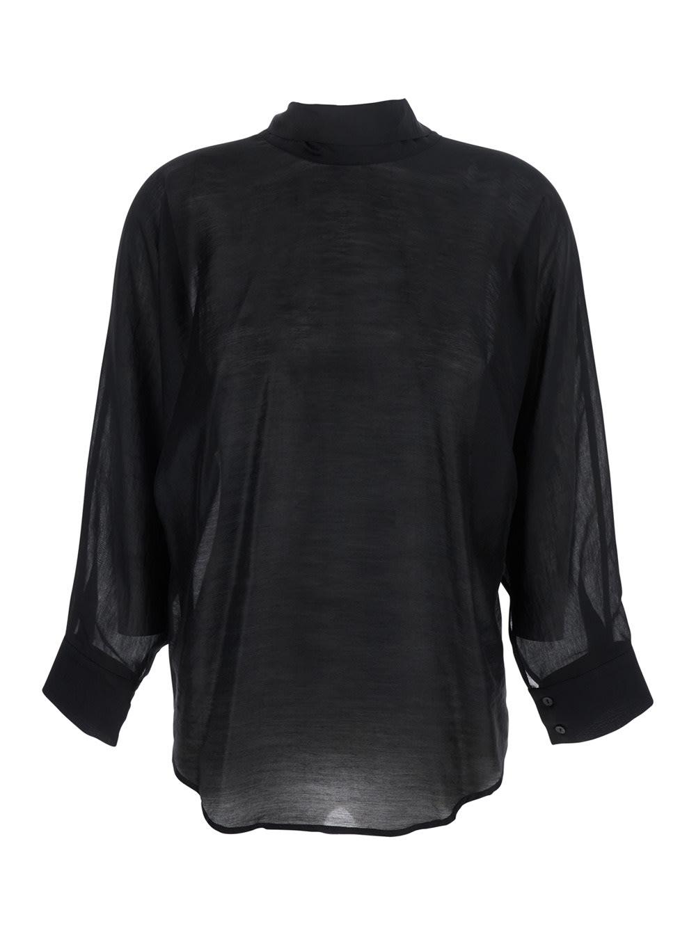 merci black shirt with pussybow collar and buttoned cuffs in fabric woman