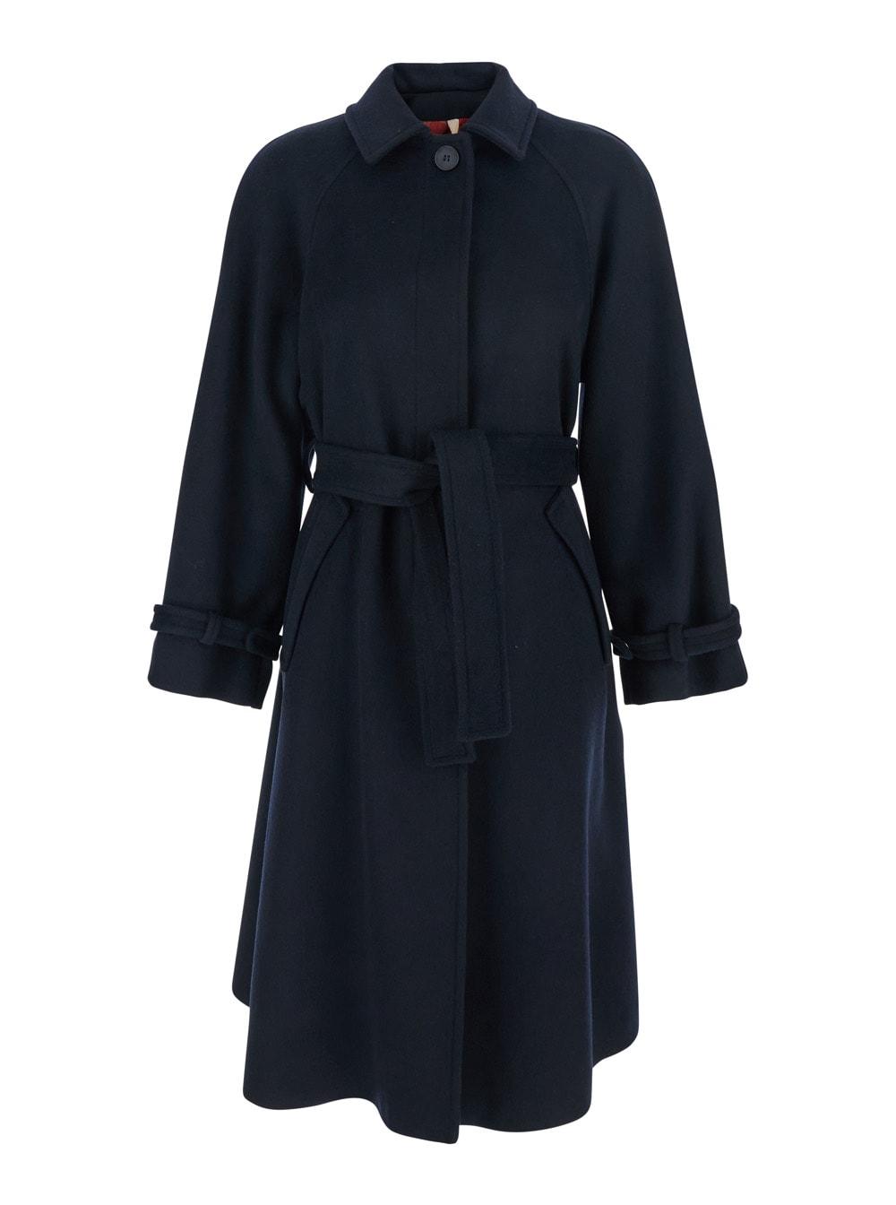 merci blue coat with classic collar and front belt in fabric woman