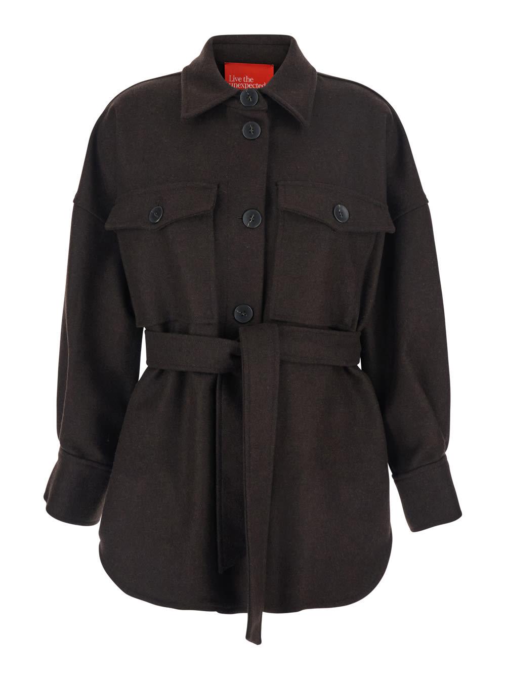 merci brown overshirt with classic collar and belt in wool blend woman