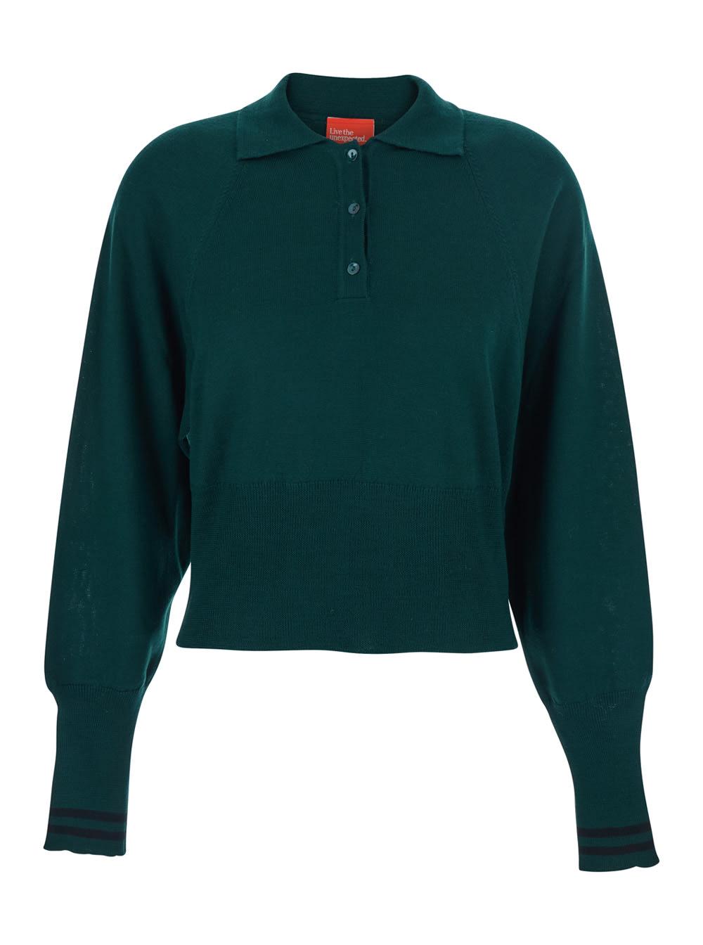 merci green polo shirt with wide classic collar and long-sleeve in wool woman