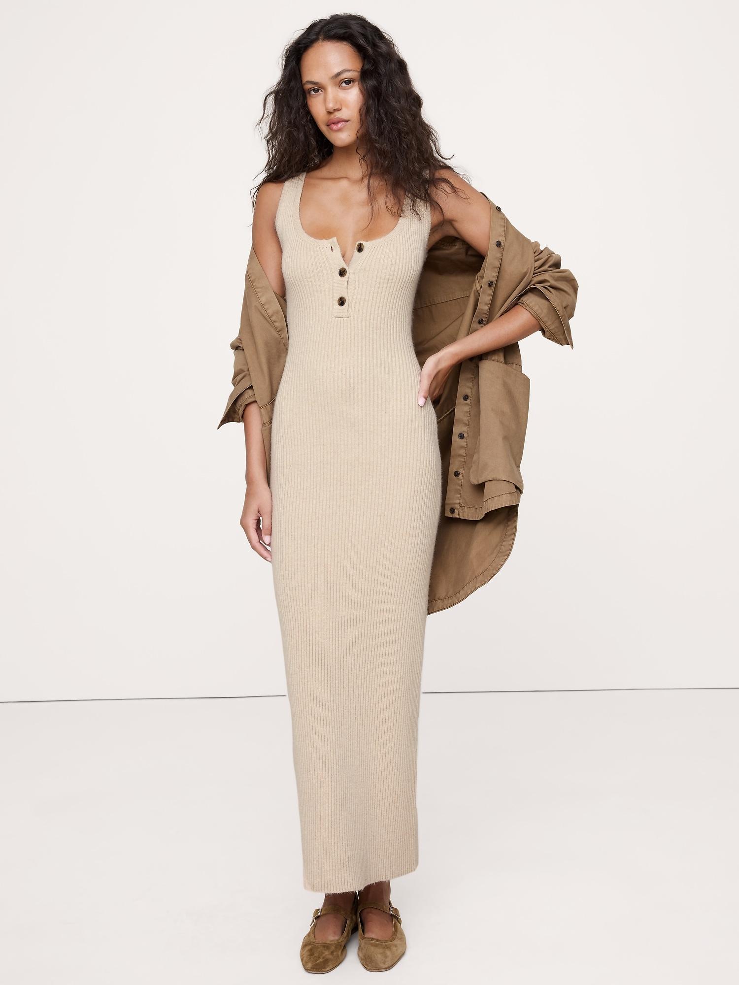 merino-cotton henley sweater maxi dress