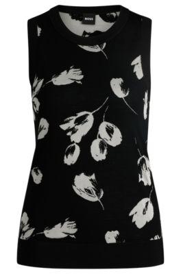 merino wool knitted top with tulip jacquard- patterned women's casual tops