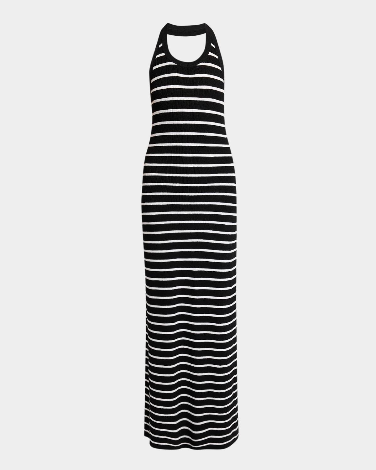 meryl striped matte viscose rib halter maxi dress