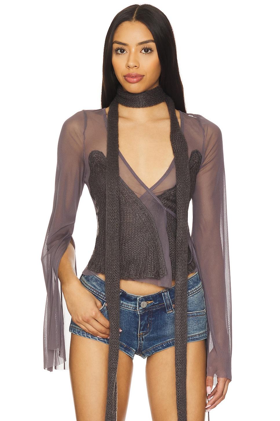 mesh & knit wrap top in black