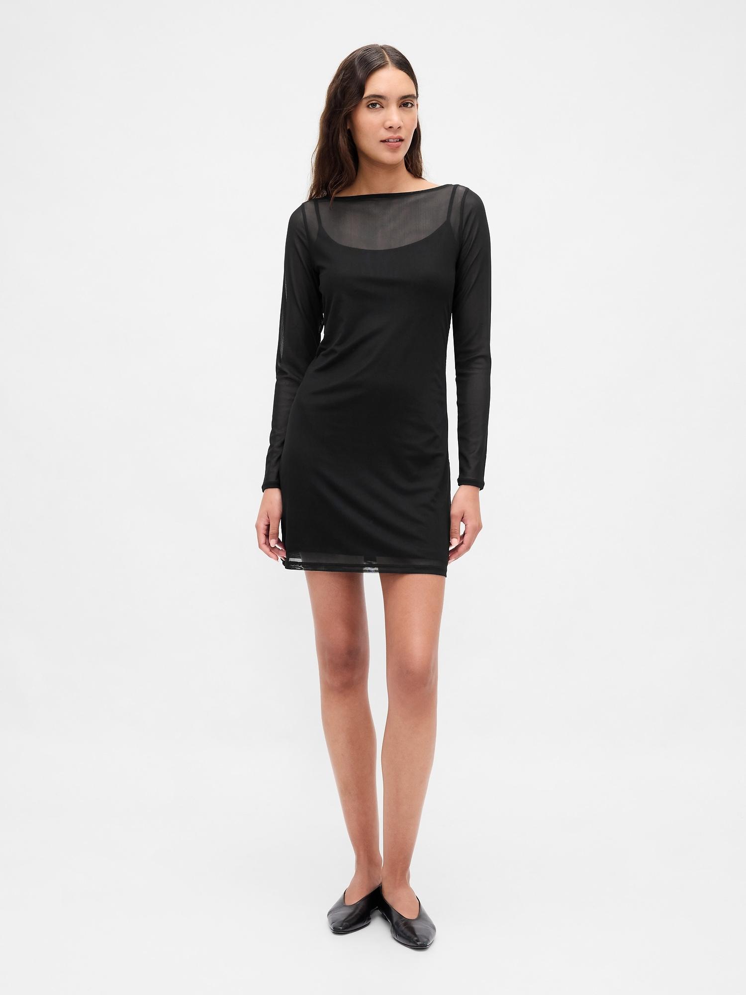 mesh boatneck mini dress