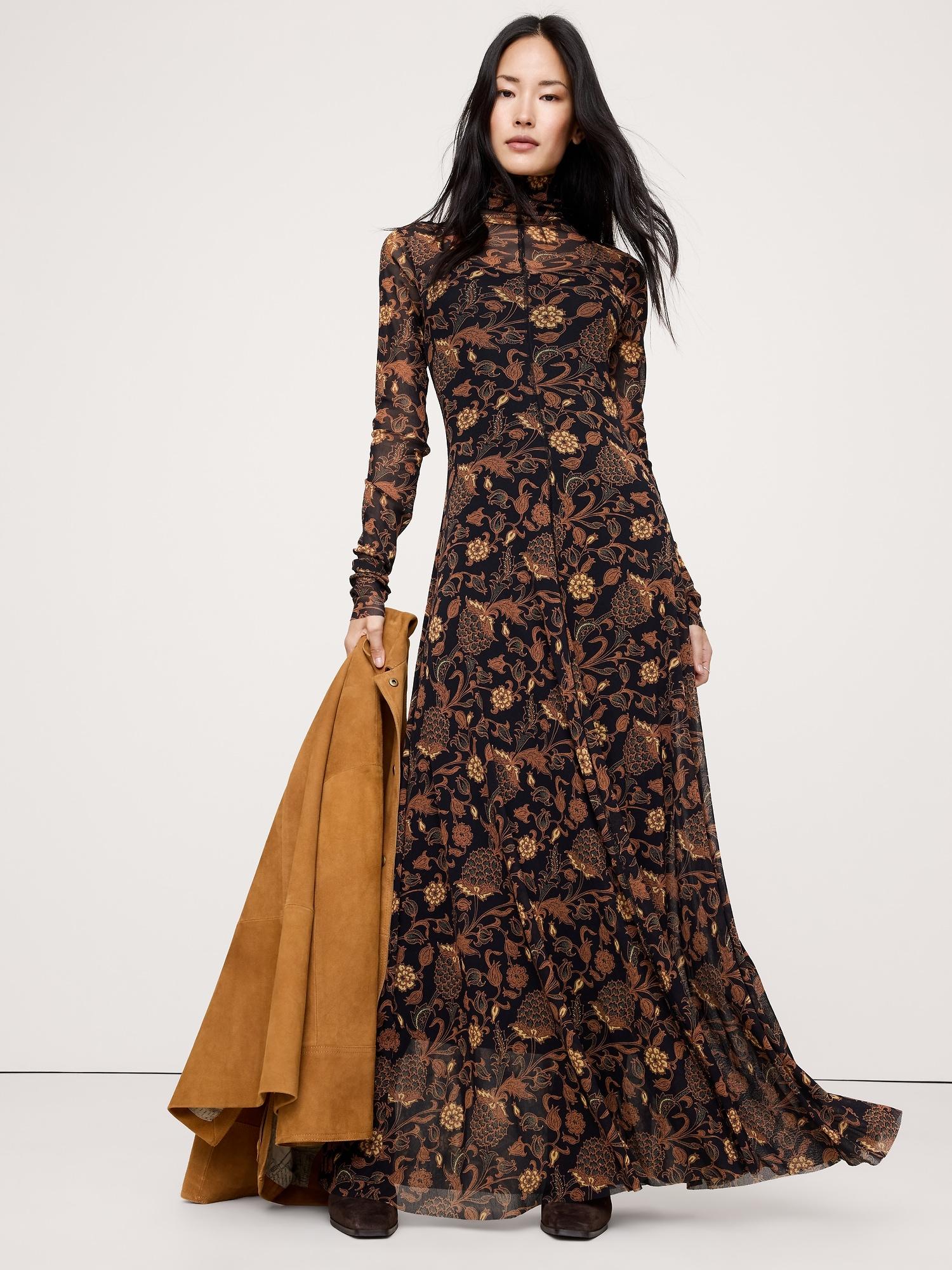 mesh long-sleeve maxi dress