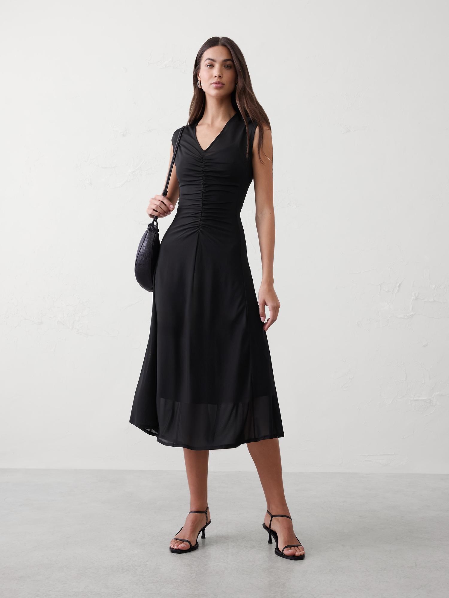 mesh shirred-waist long midi dress