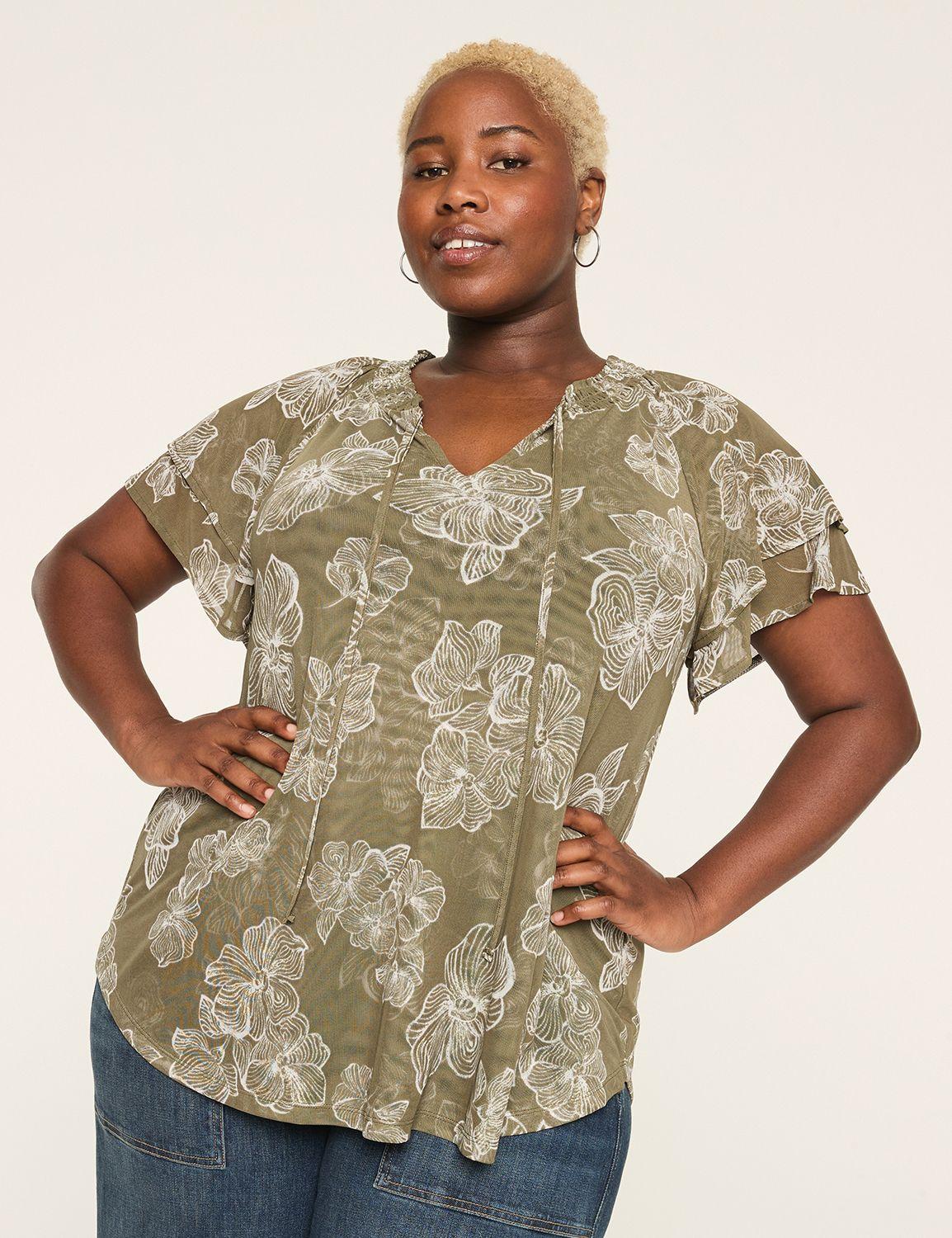 mesh smocked tie-neck top