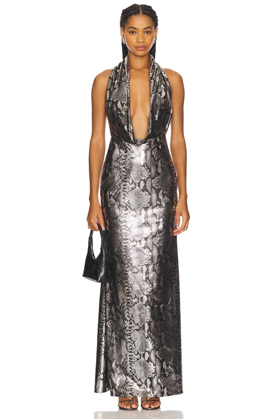 metal snake deep cowl neck gown